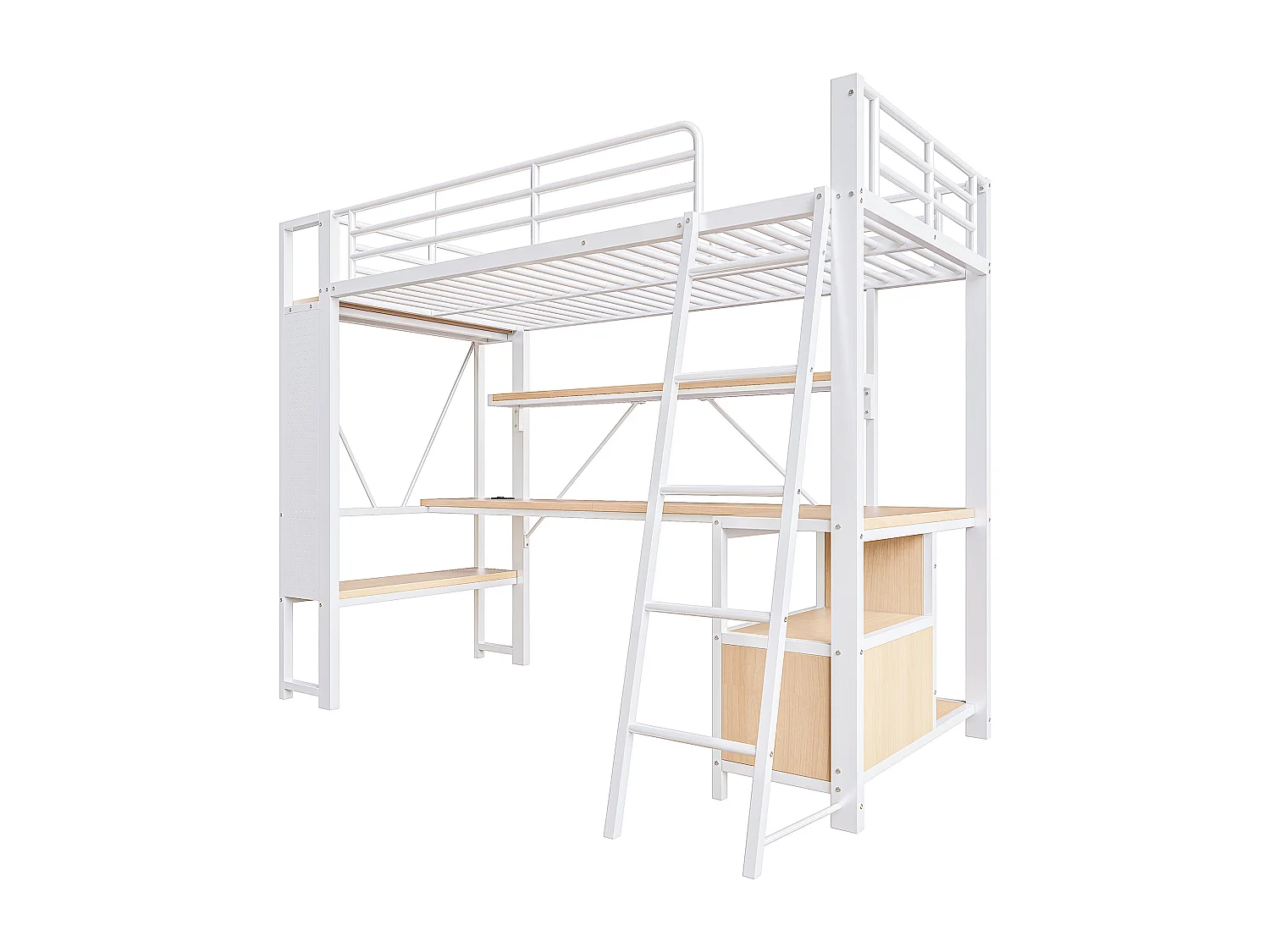 Lit mezzanine enfant 90x200 cm métal blanc avec bureau, étagères , LED et USB