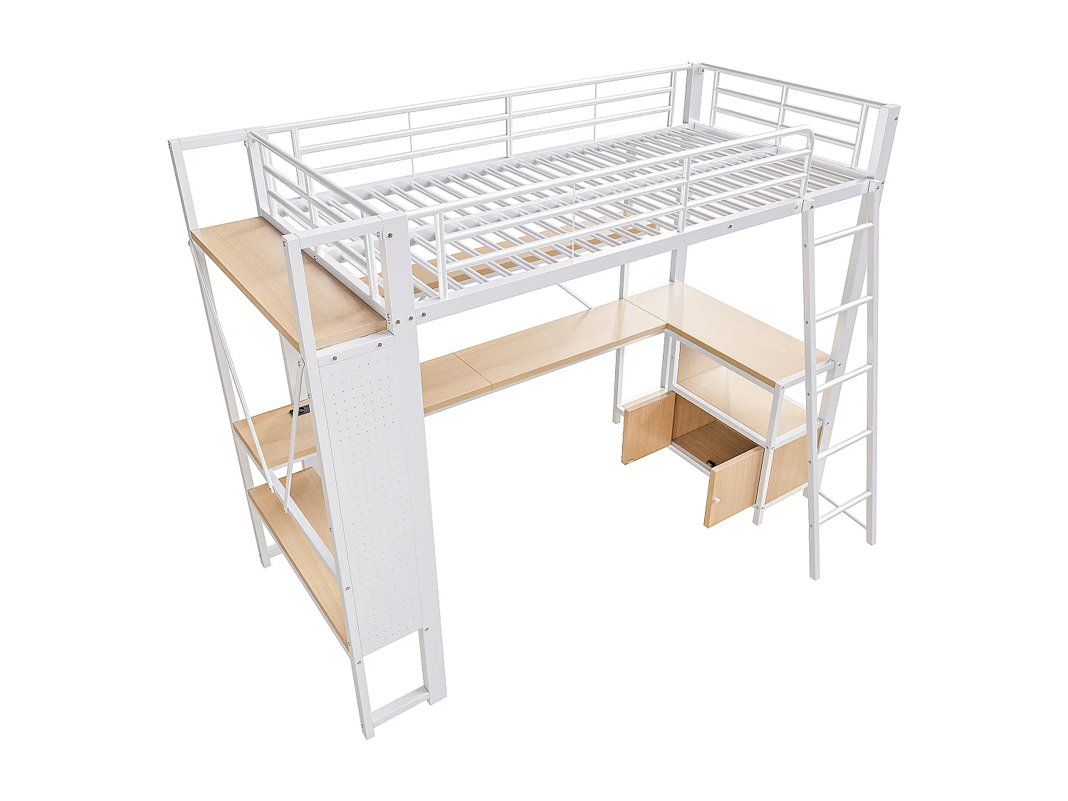 Lit mezzanine enfant 90x200 cm métal blanc avec bureau, étagères , LED et USB