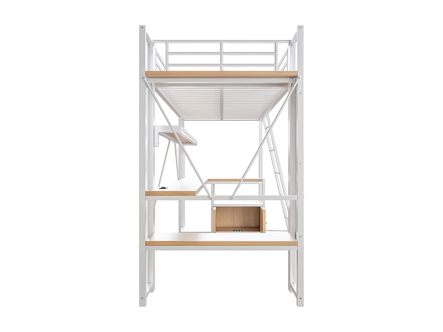 Lit mezzanine enfant 90x200 cm métal blanc avec bureau, étagères , LED et USB