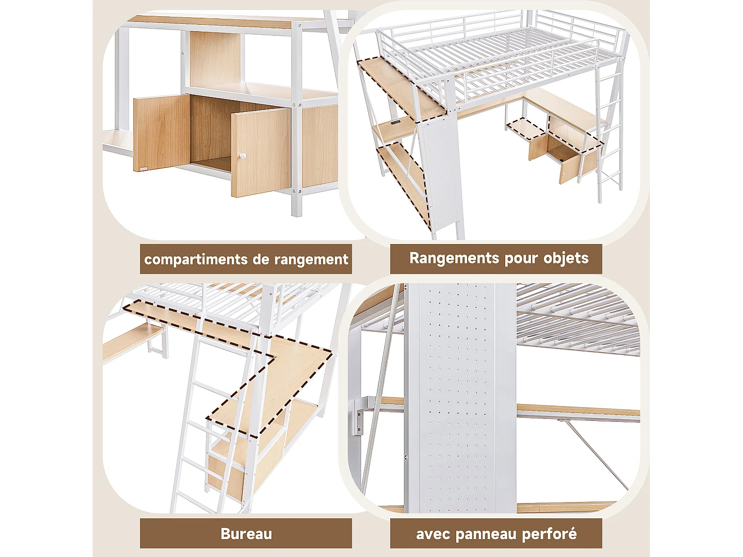 Lit mezzanine enfant 90x200 cm métal blanc avec bureau, étagères , LED et USB