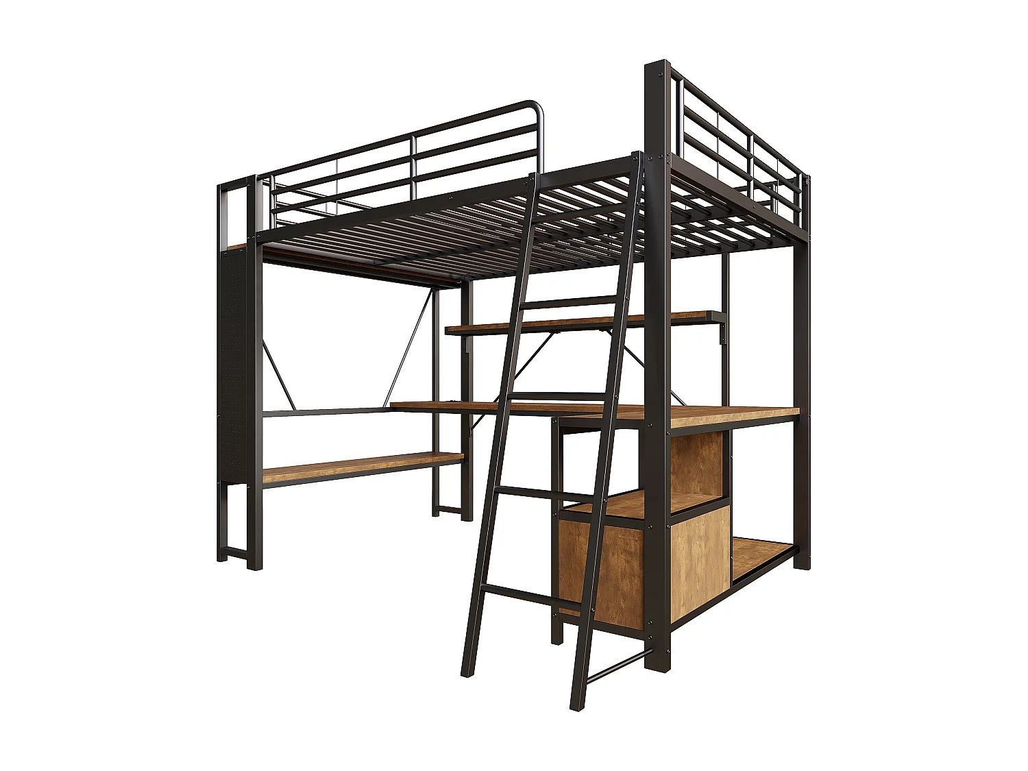 Lit mezzanine adulte 140x200 cm métal noir avec bureau, étagères , LED et USB