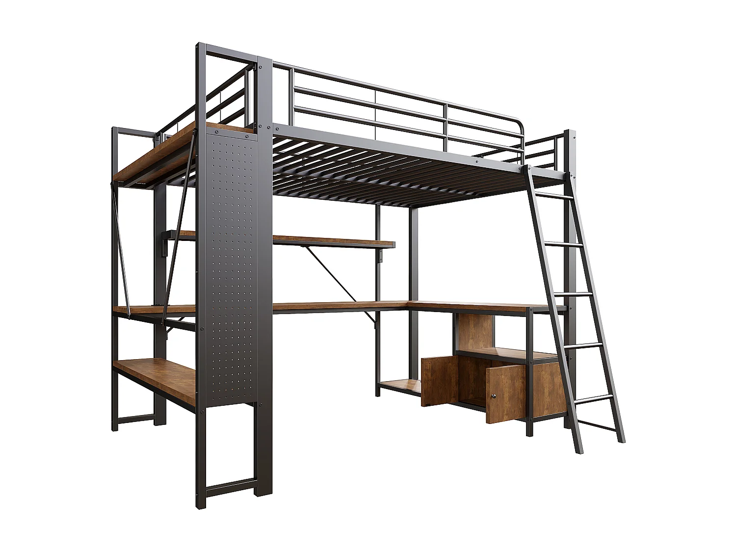 Lit mezzanine adulte 140x200 cm métal noir avec bureau, étagères , LED et USB