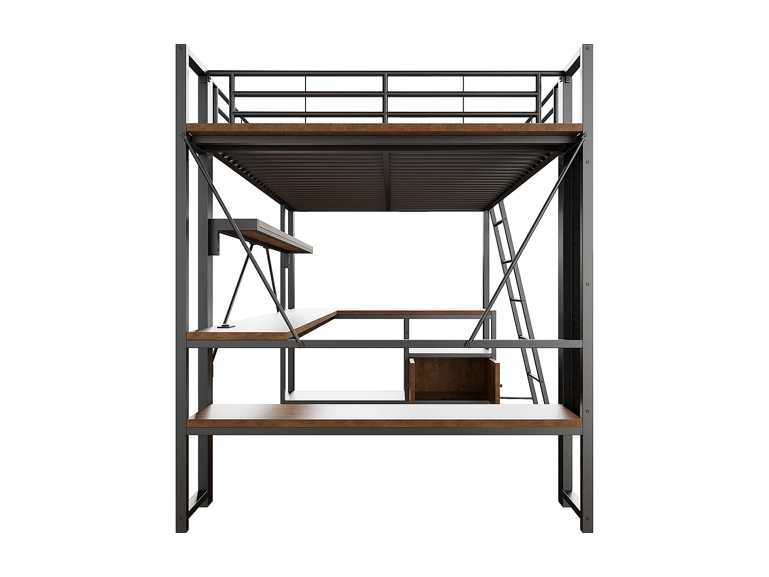 Lit mezzanine adulte 140x200 cm métal noir avec bureau, étagères , LED et USB
