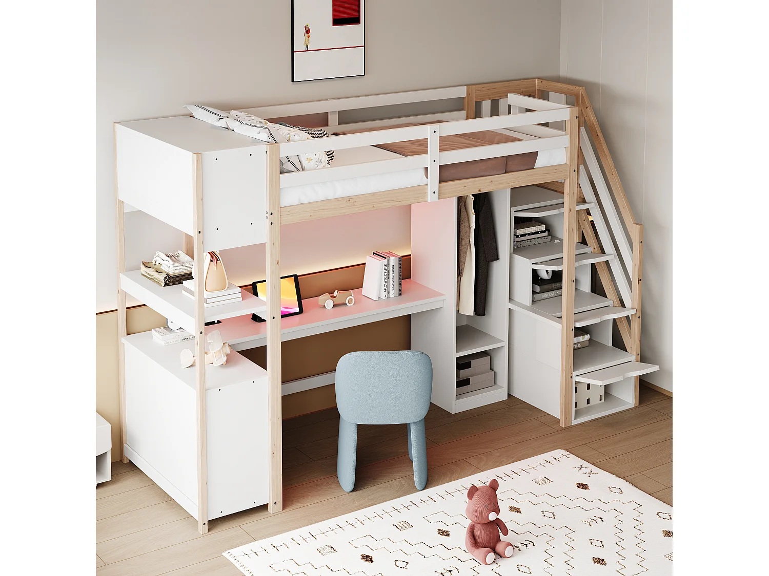 Lit mezzanine 90 × 200 cm avec armoire, bureau et prises - Couleur bois et blanc