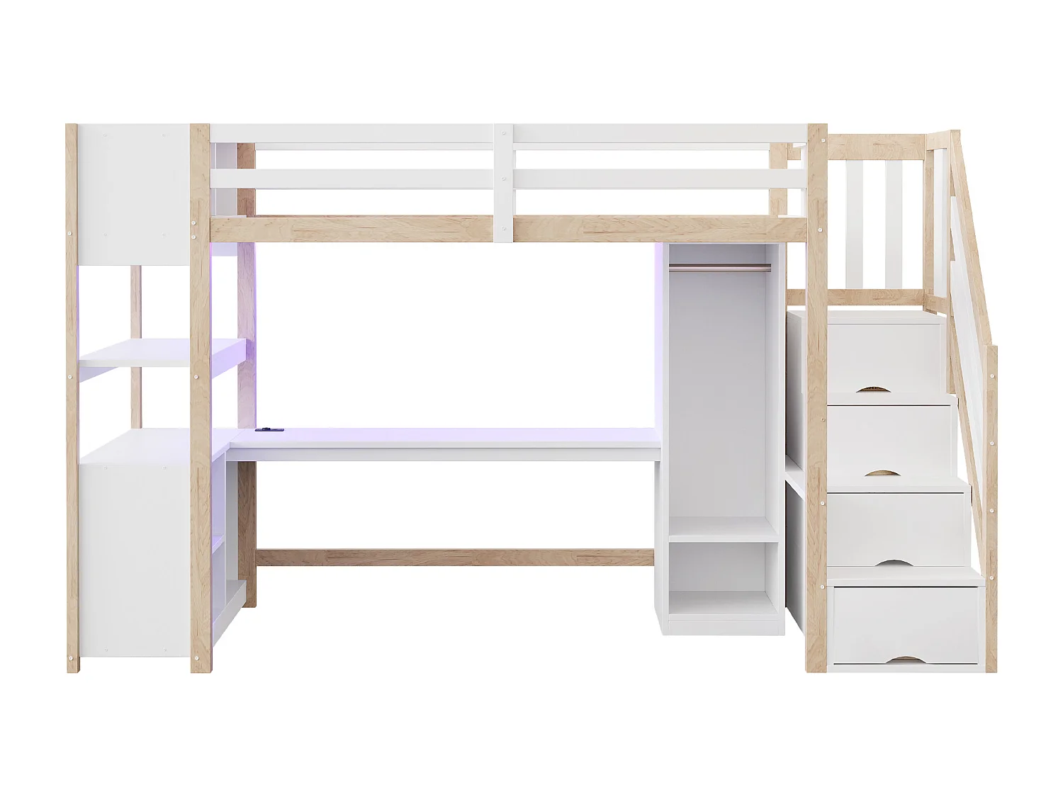 Lit mezzanine 90 × 200 cm avec armoire, bureau et prises - Couleur bois et blanc