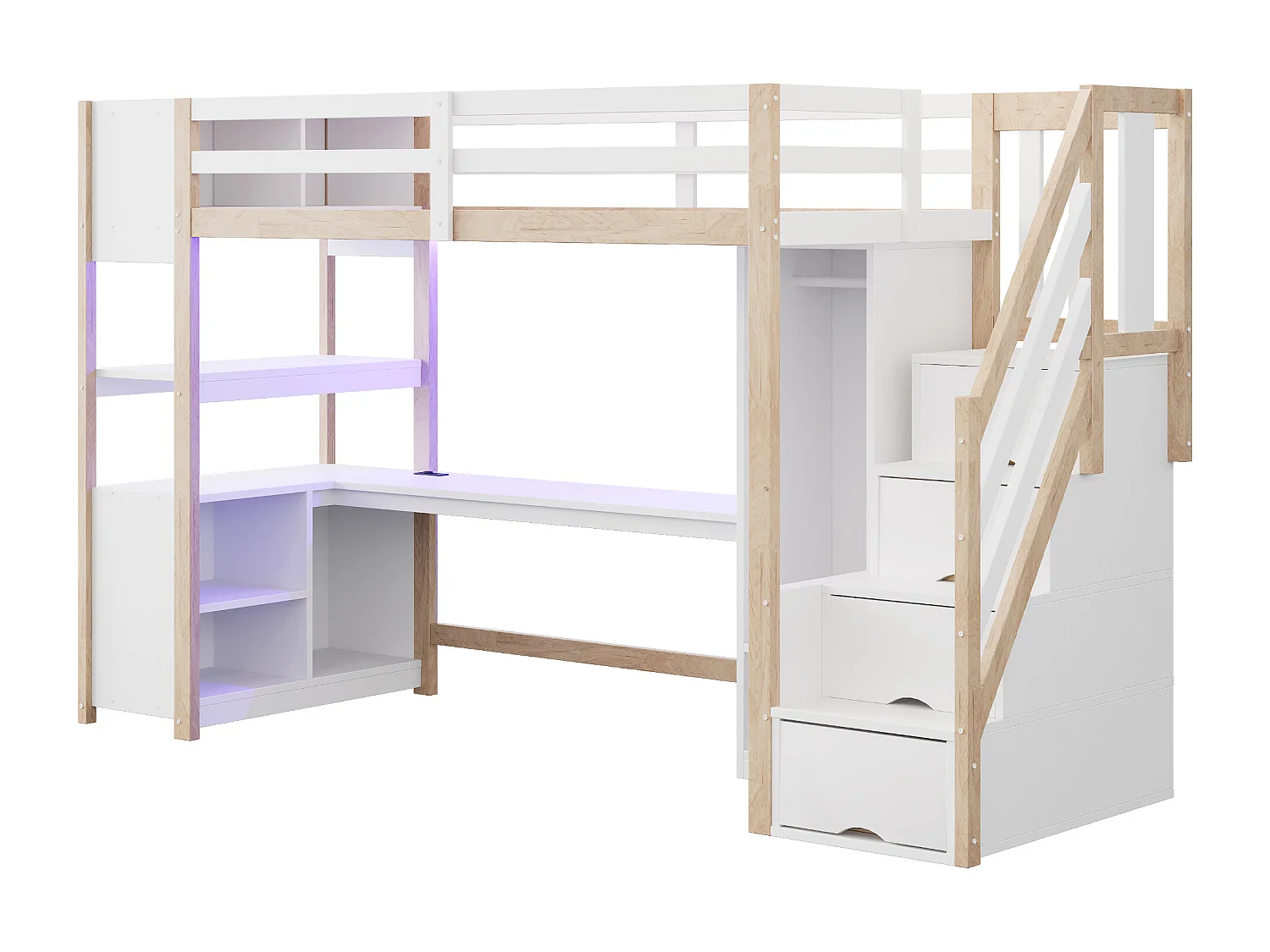 Lit mezzanine 90 × 200 cm avec armoire, bureau et prises - Couleur bois et blanc