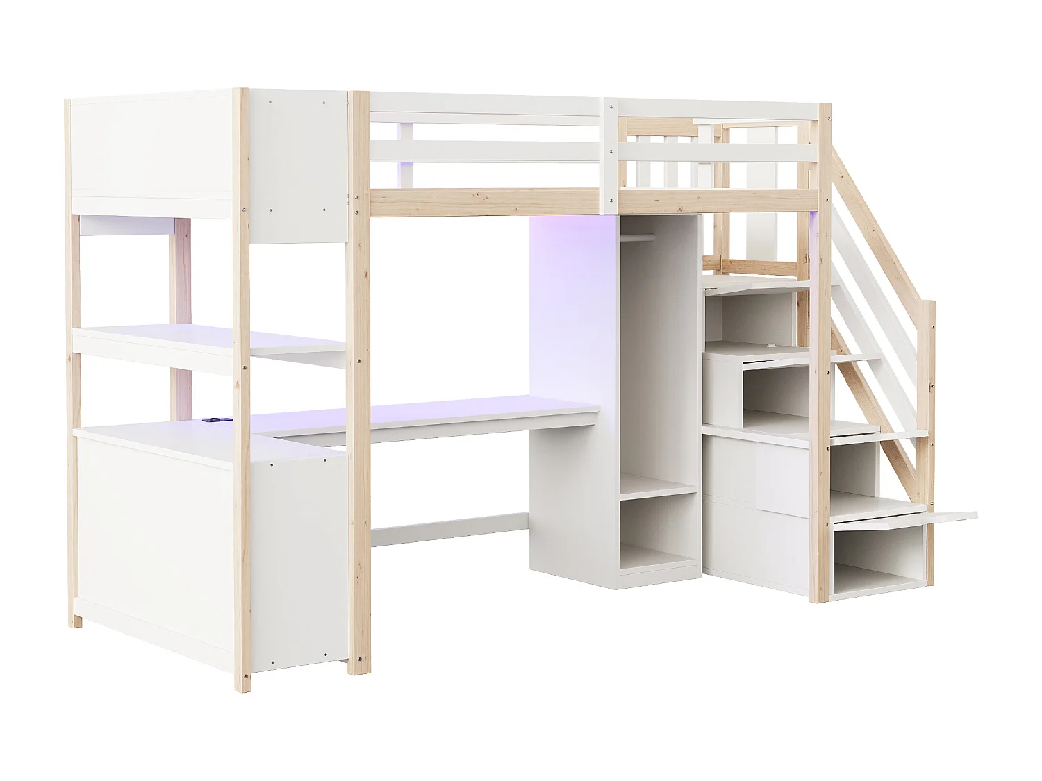 Lit mezzanine 90 × 200 cm avec armoire, bureau et prises - Couleur bois et blanc