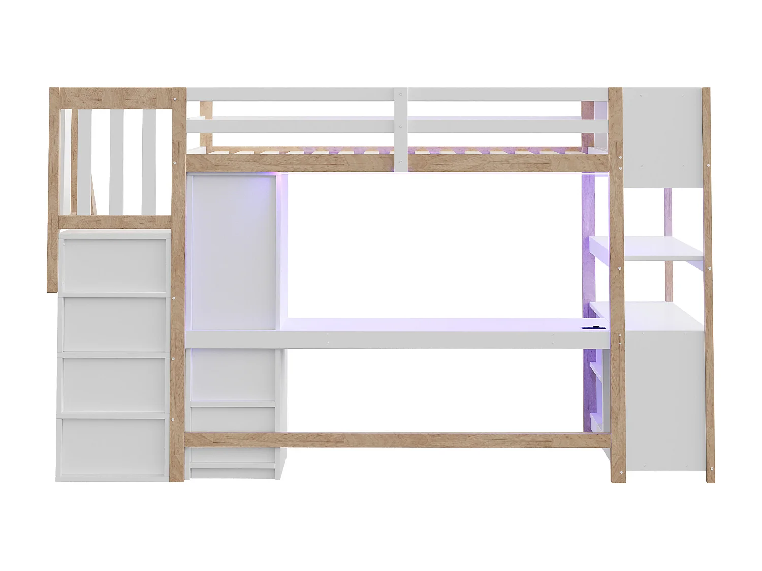 Lit mezzanine 90 × 200 cm avec armoire, bureau et prises - Couleur bois et blanc