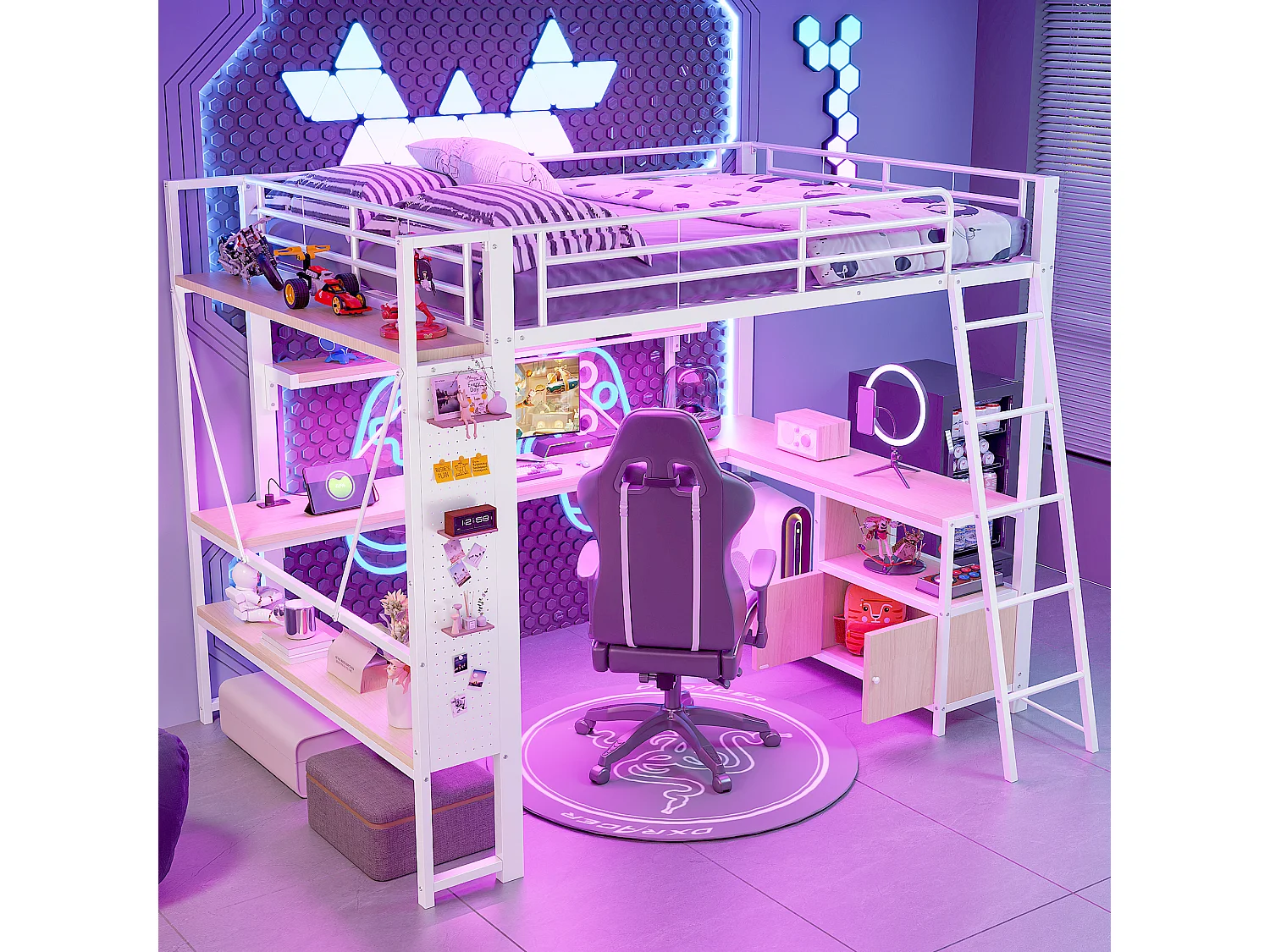 Lit mezzanine adulte 140x200 cm métal blanc avec bureau, étagères , LED et USB