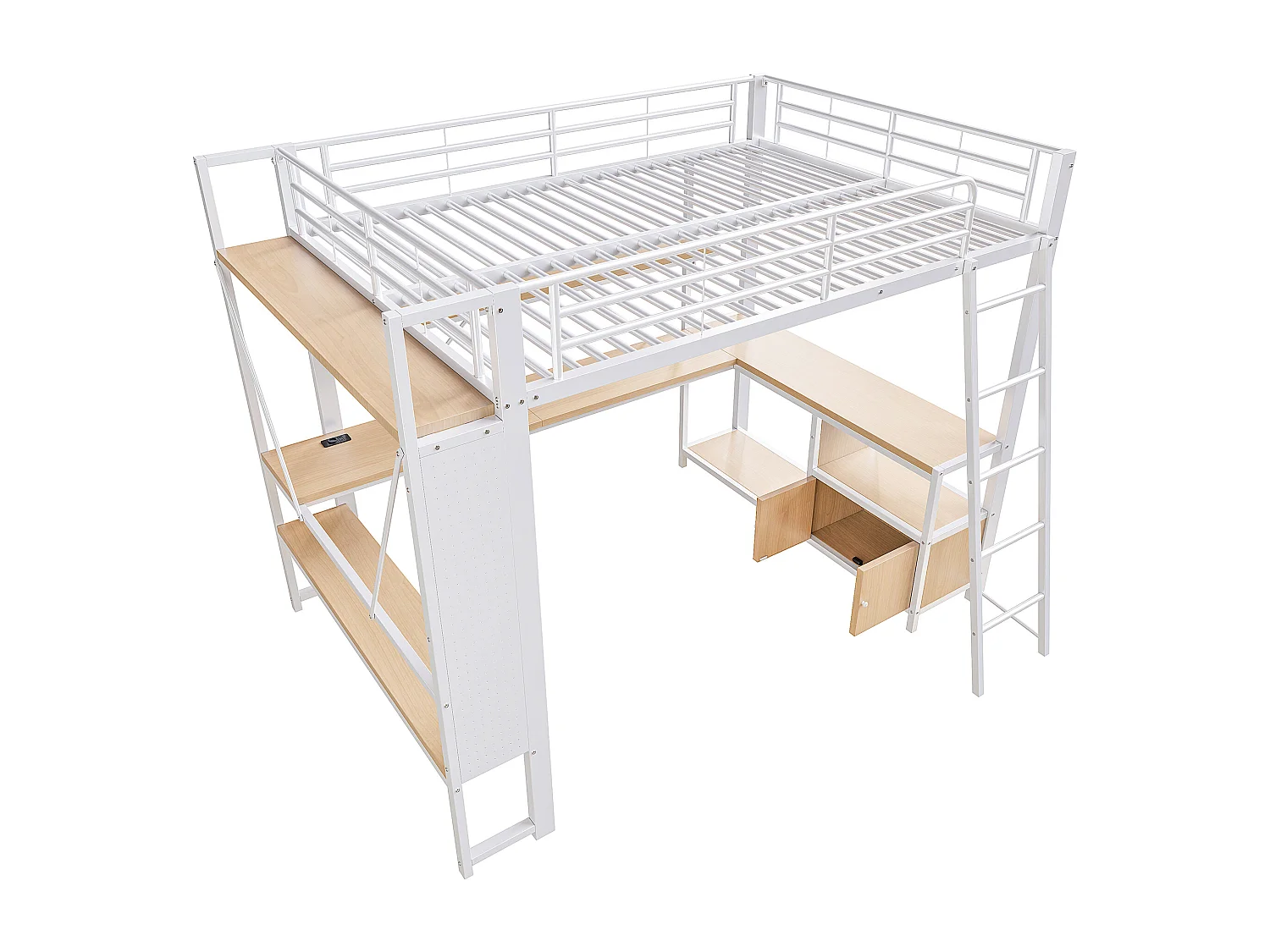 Lit mezzanine adulte 140x200 cm métal blanc avec bureau, étagères , LED et USB