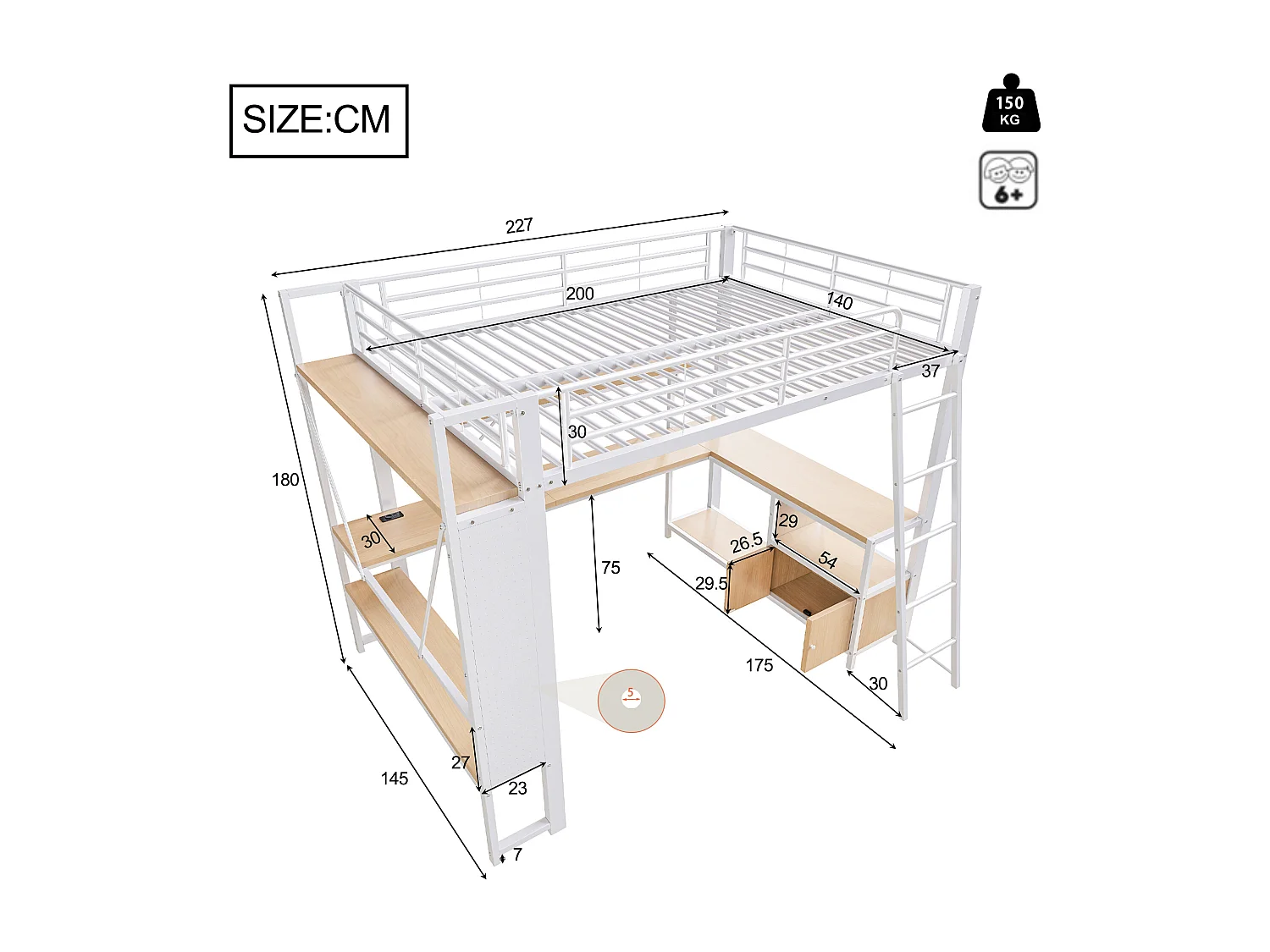 Lit mezzanine adulte 140x200 cm métal blanc avec bureau, étagères , LED et USB
