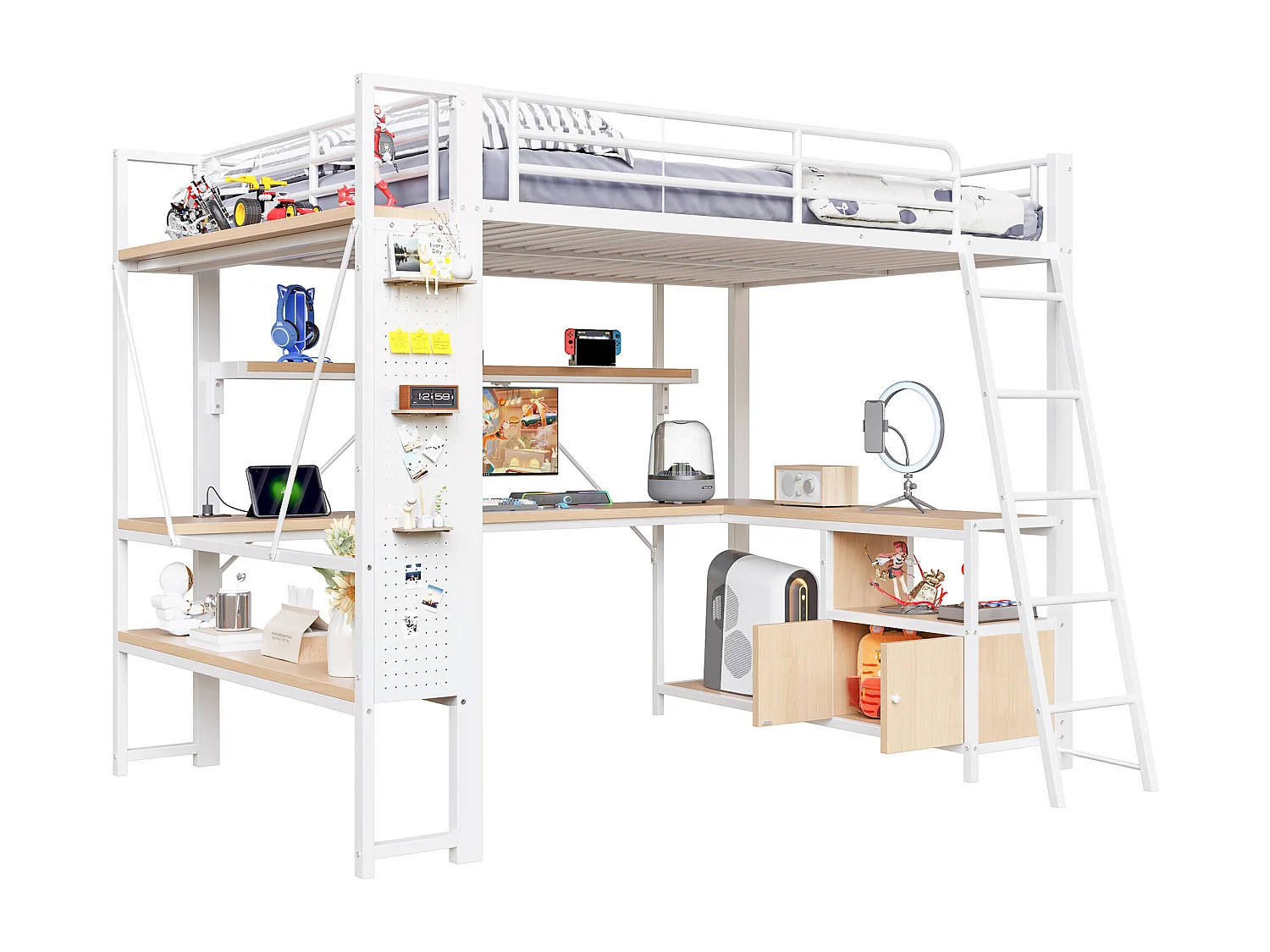 Lit mezzanine adulte 140x200 cm métal blanc avec bureau, étagères , LED et USB