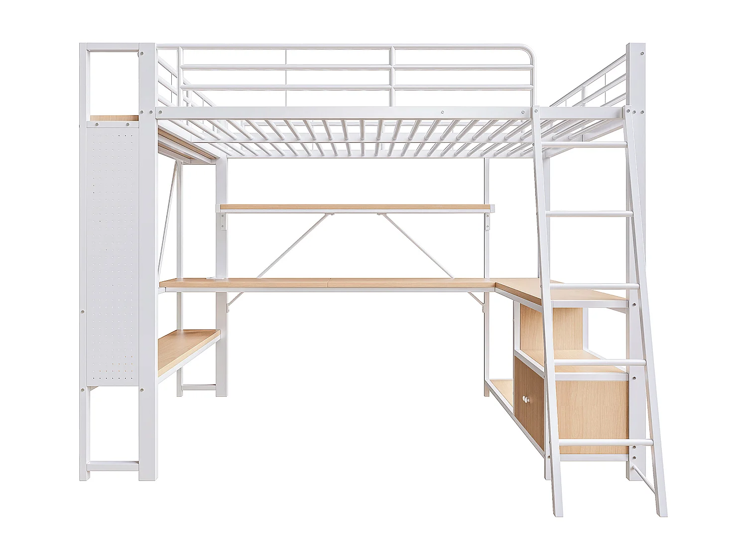 Lit mezzanine adulte 140x200 cm métal blanc avec bureau, étagères , LED et USB