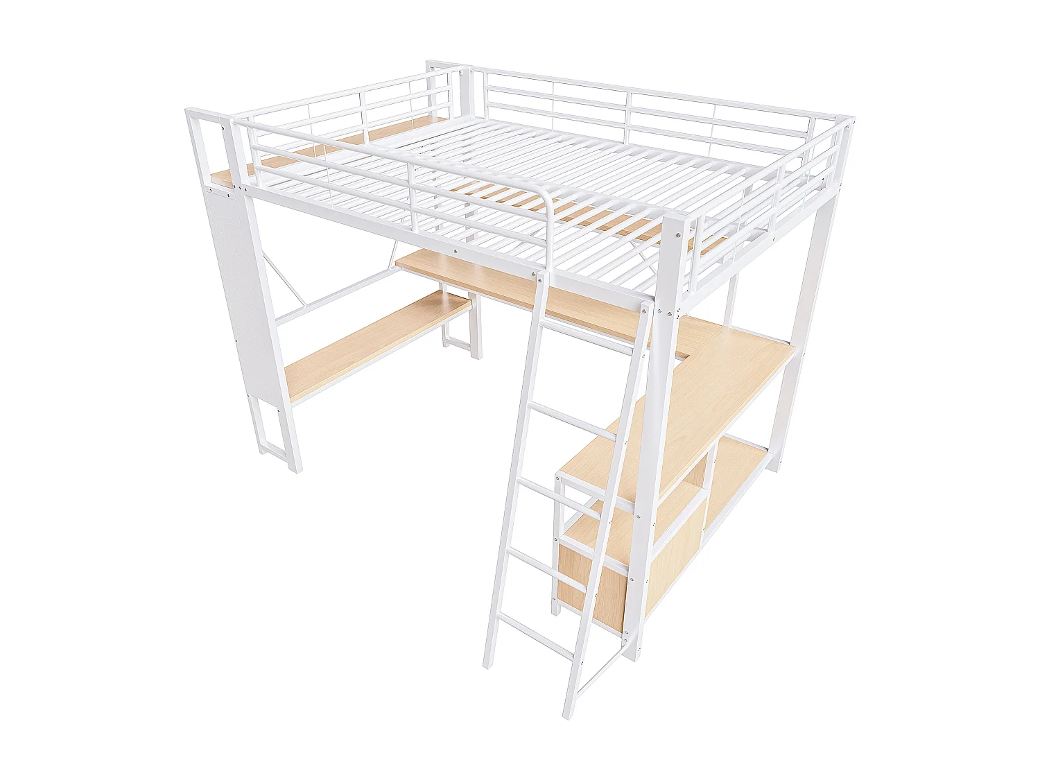 Lit mezzanine adulte 140x200 cm métal blanc avec bureau, étagères , LED et USB
