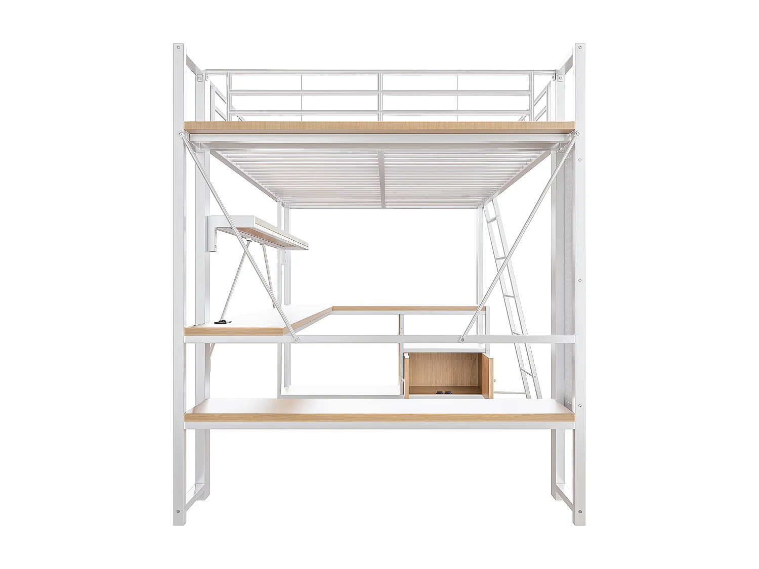 Lit mezzanine adulte 140x200 cm métal blanc avec bureau, étagères , LED et USB