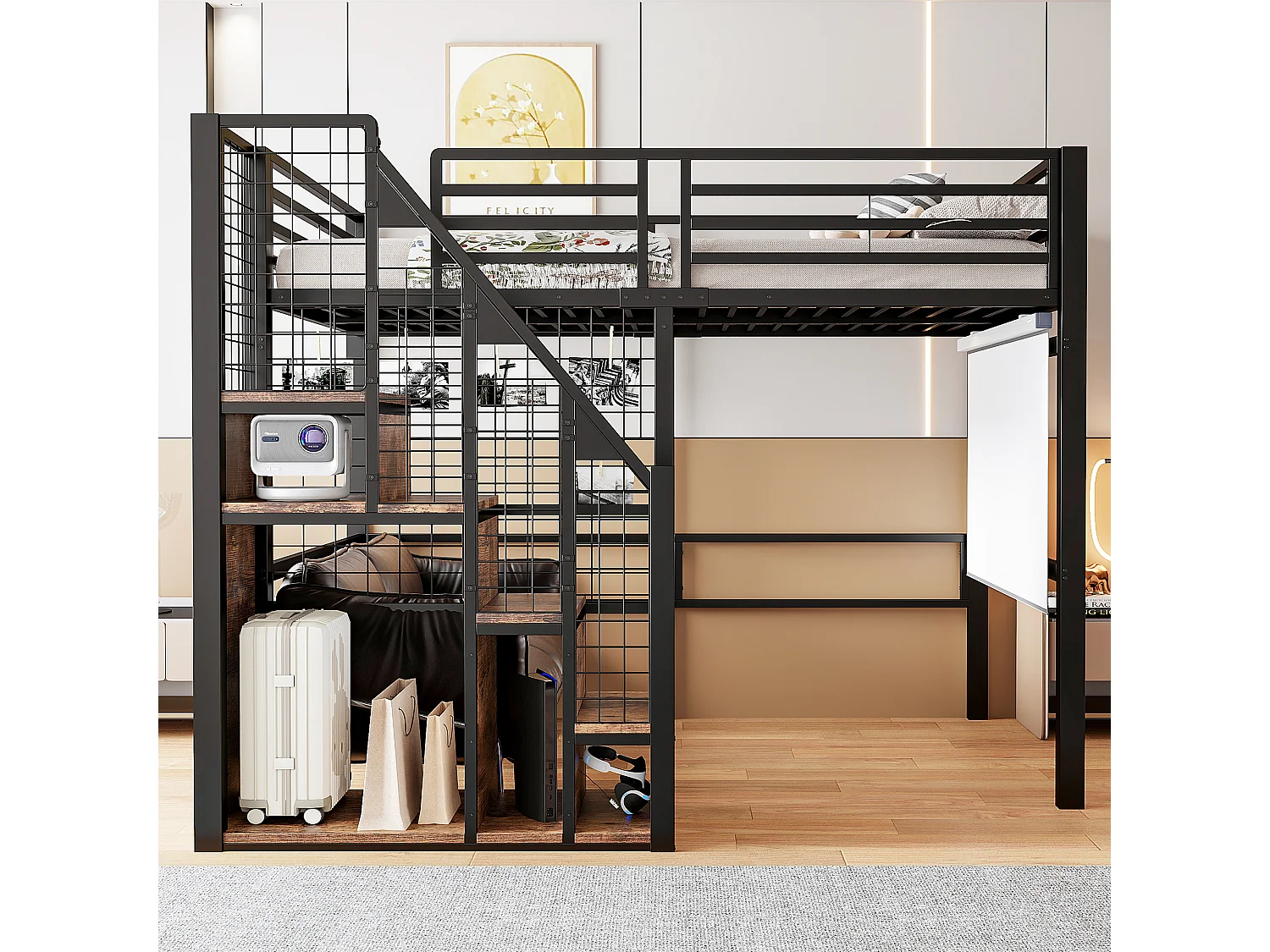 Lit mezzanine 140x200 cm en métal noir avec rangements et étagère