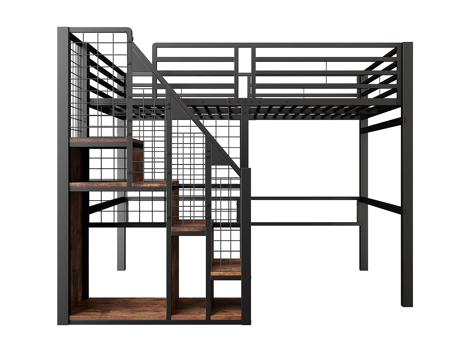 Lit mezzanine 140x200 cm en métal noir avec rangements et étagère