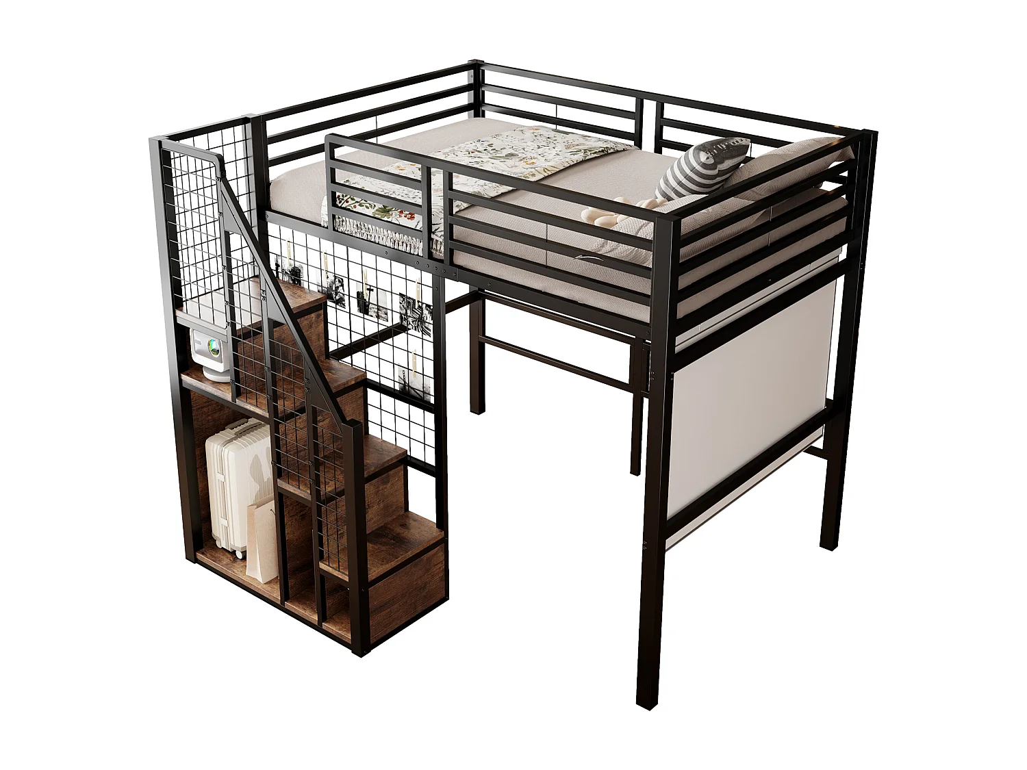 Lit mezzanine 140x200 cm en métal noir avec rangements et étagère