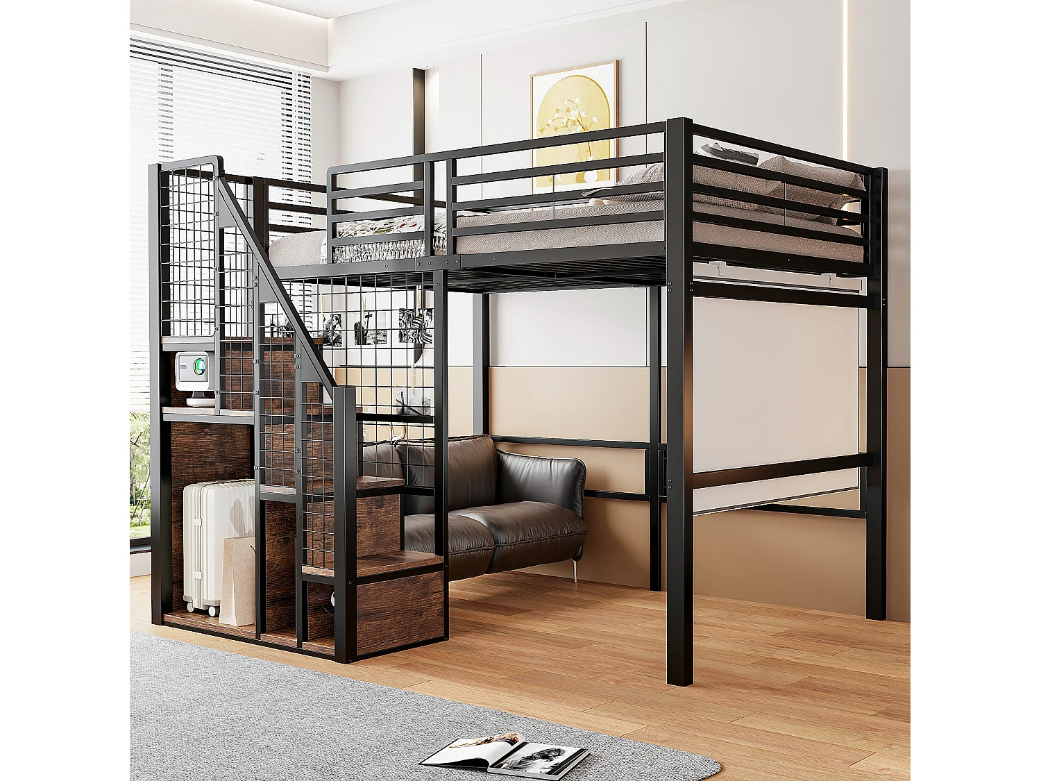 Lit mezzanine 140x200 cm en métal noir avec rangements et étagère