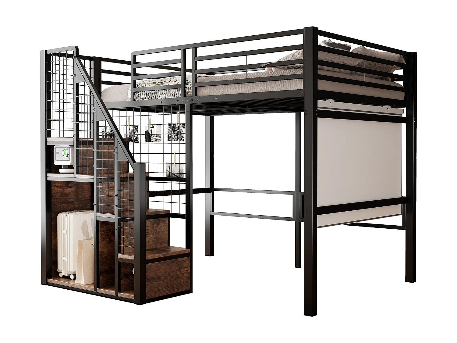 Lit mezzanine 140x200 cm en métal noir avec rangements et étagère