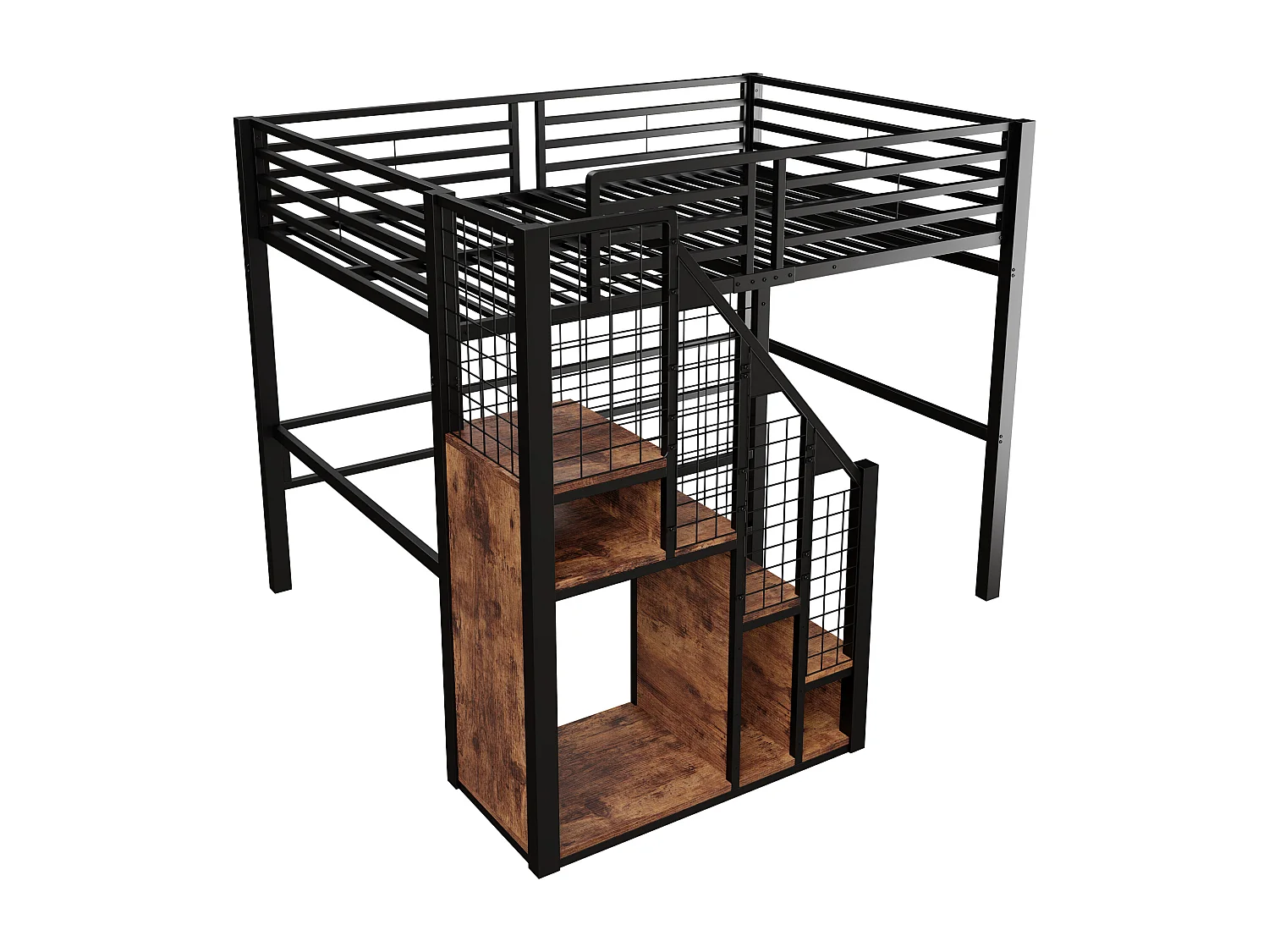 Lit mezzanine 140x200 cm en métal noir avec rangements et étagère