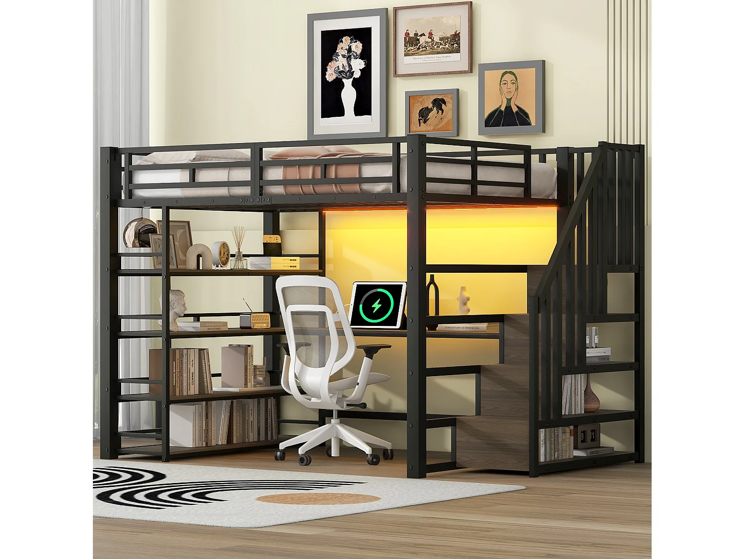Lit mezzanine 140x200 cm avec bureau, port USB et rangements - Métal noir