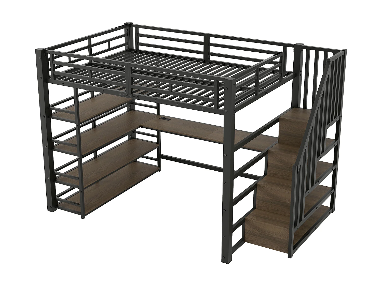 Lit mezzanine 140x200 cm avec bureau, port USB et rangements - Métal noir