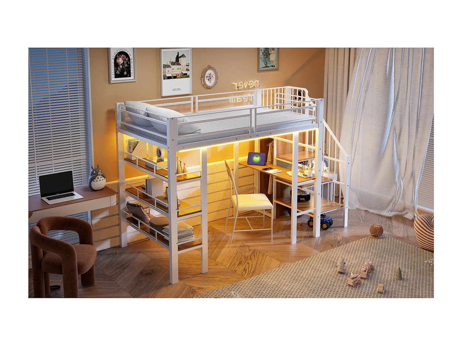 Lit mezzanine 90x200 cm avec bureau, LED et prise USB - Métal blanc et bois MDF