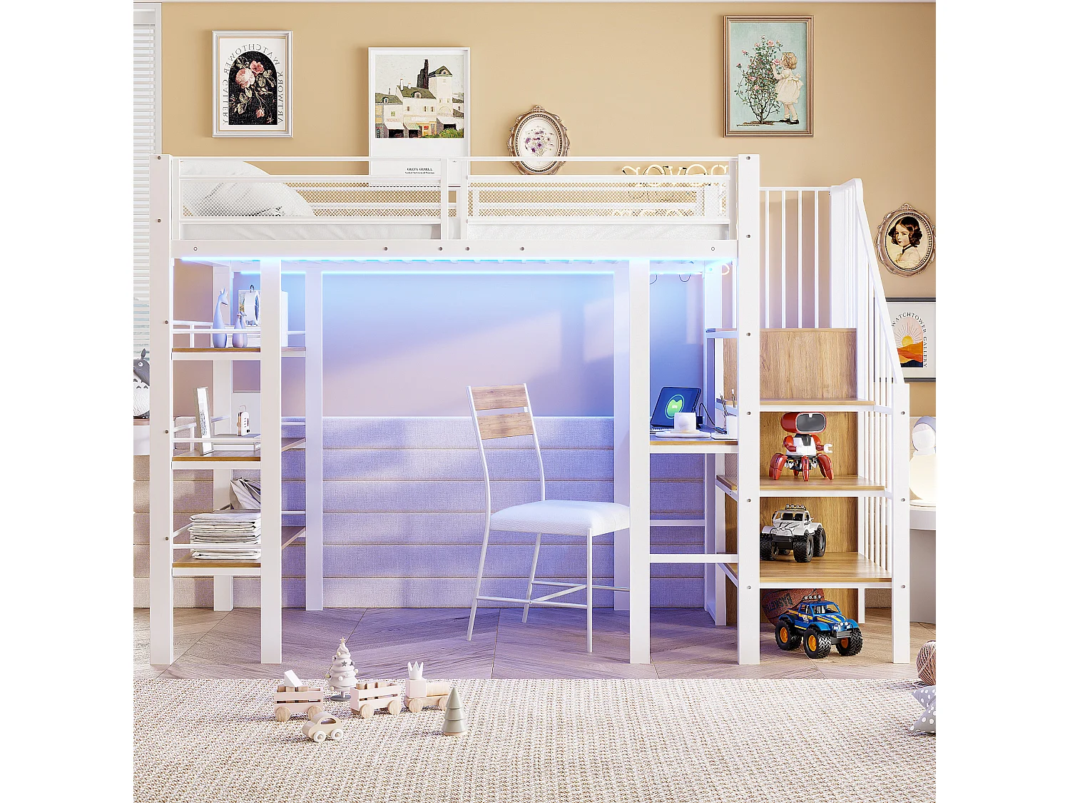 Lit mezzanine 90x200 cm avec bureau, LED et prise USB - Métal blanc et bois MDF