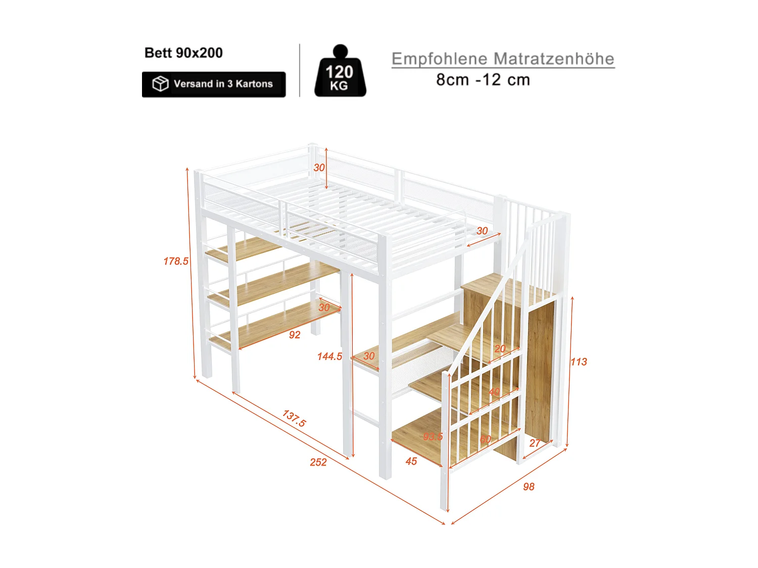 Lit mezzanine 90x200 cm avec bureau, LED et prise USB - Métal blanc et bois MDF