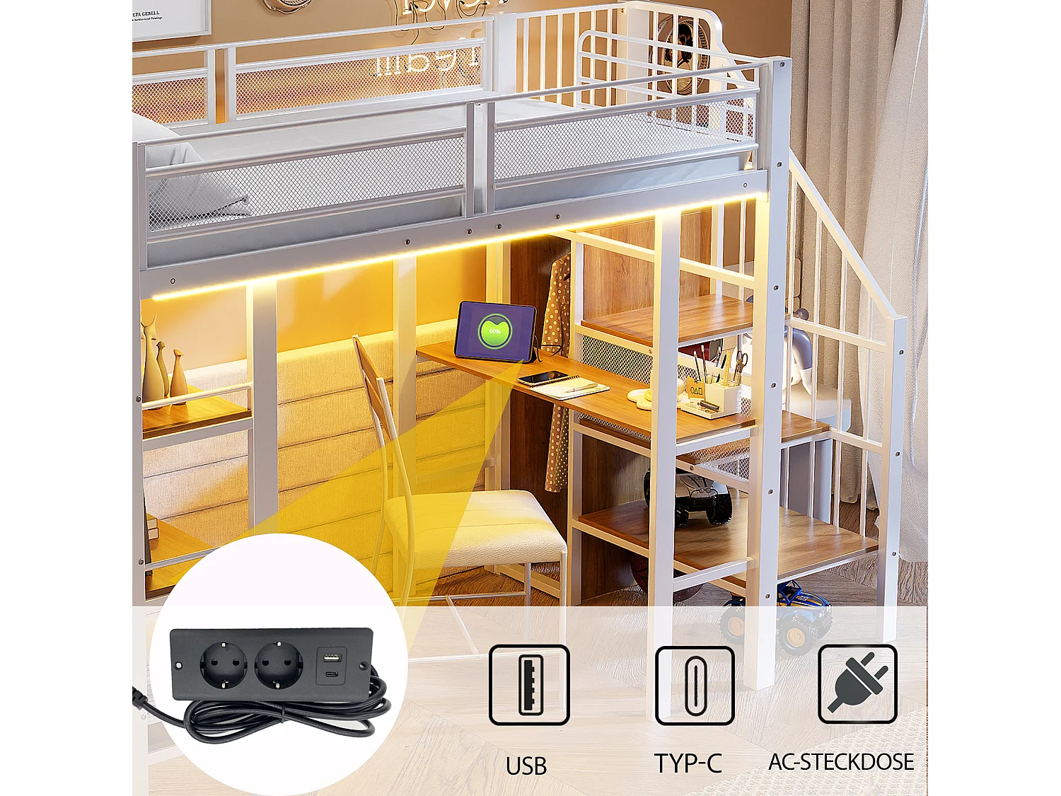 Lit mezzanine 90x200 cm avec bureau, LED et prise USB - Métal blanc et bois MDF