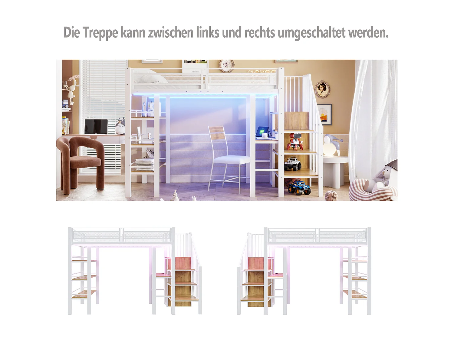 Lit mezzanine 90x200 cm avec bureau, LED et prise USB - Métal blanc et bois MDF