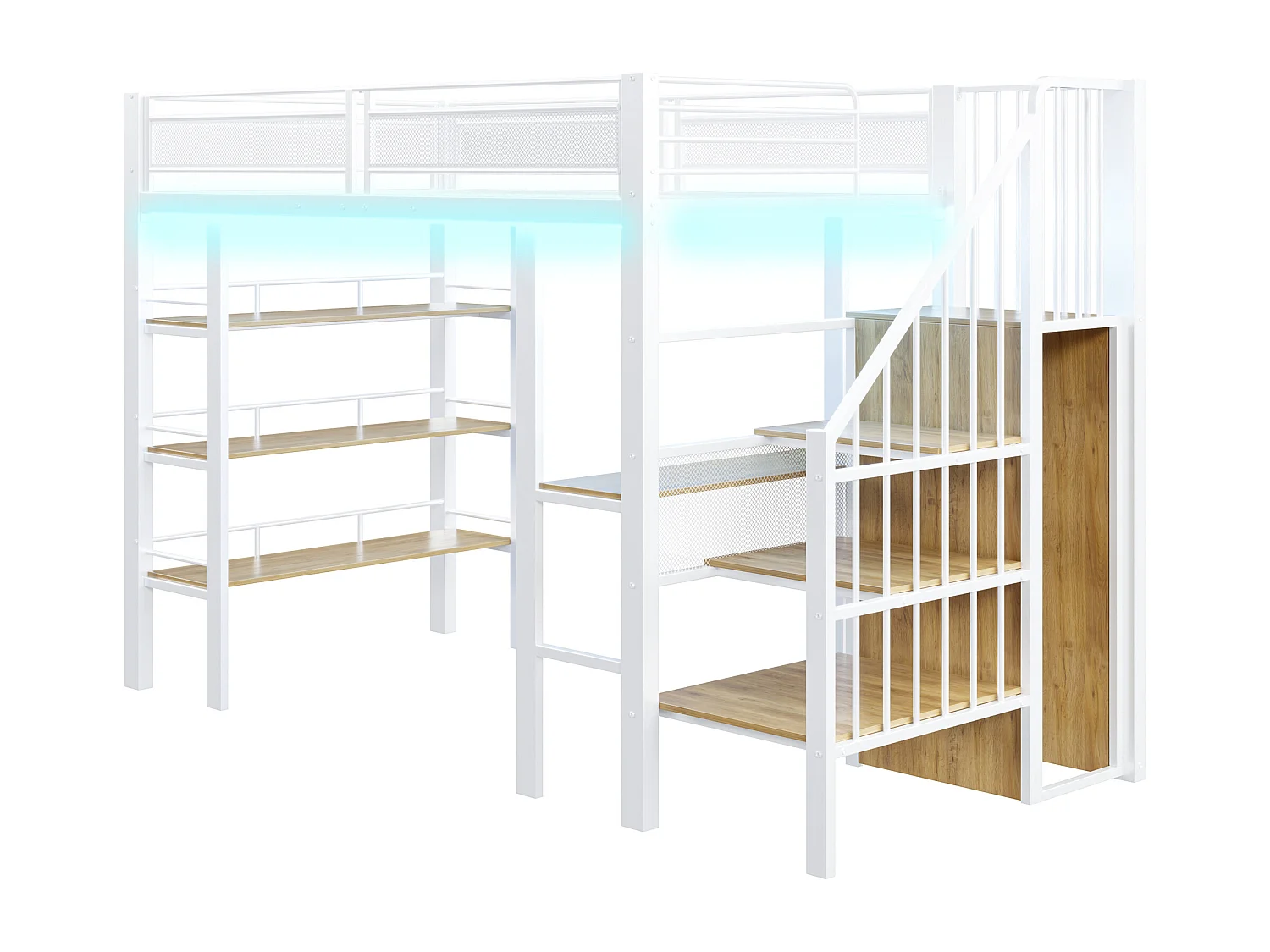 Lit mezzanine 90x200 cm avec bureau, LED et prise USB - Métal blanc et bois MDF