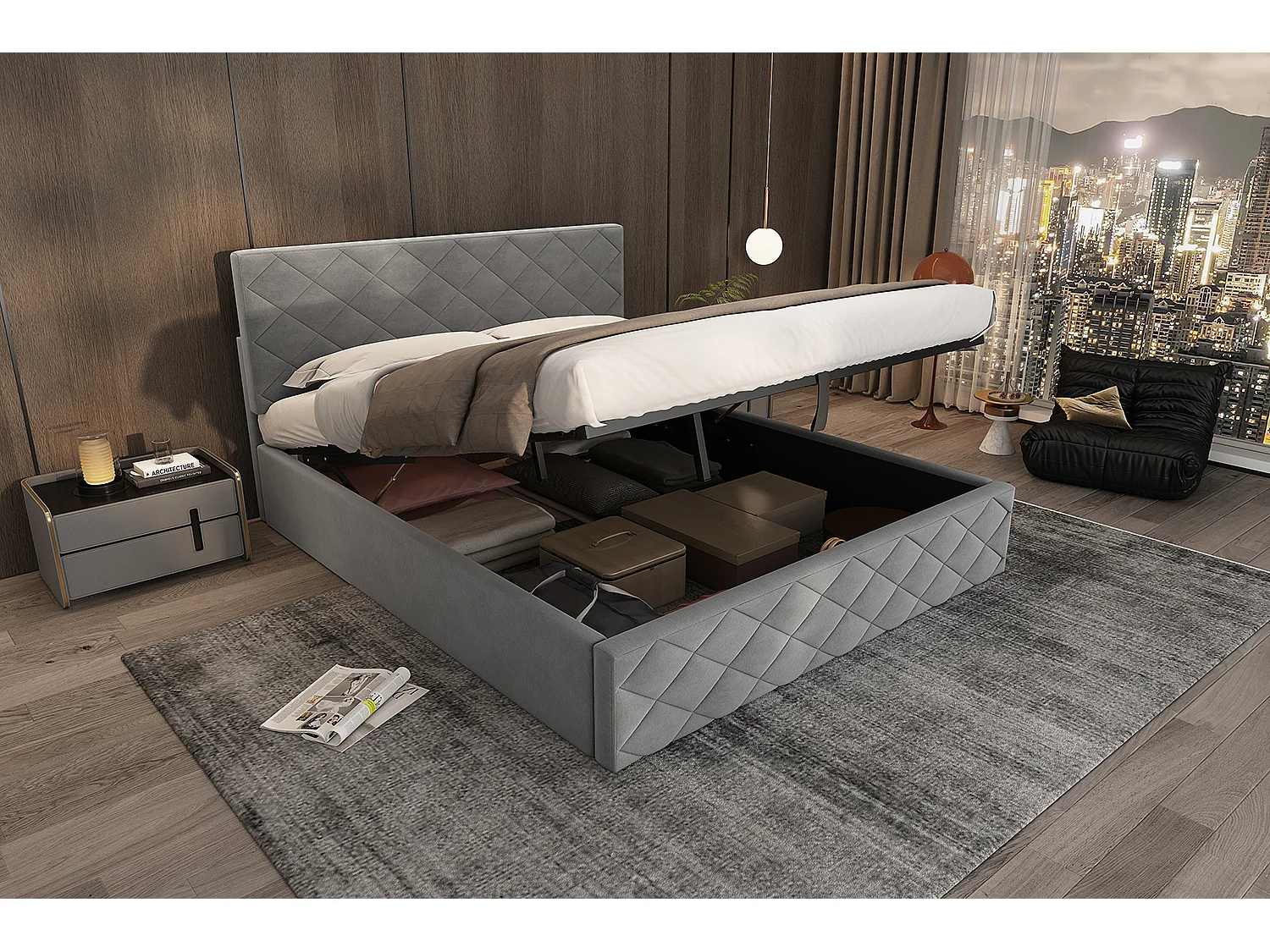 Lit coffre adulte 140x200 cm avec tête de lit réglable - Velours gris