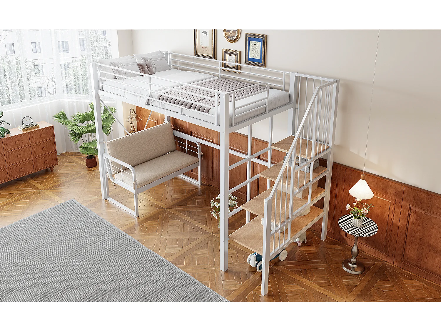 Lit mezzanine enfant 90x200 cm en métal avec canapé et rangement - Blanc