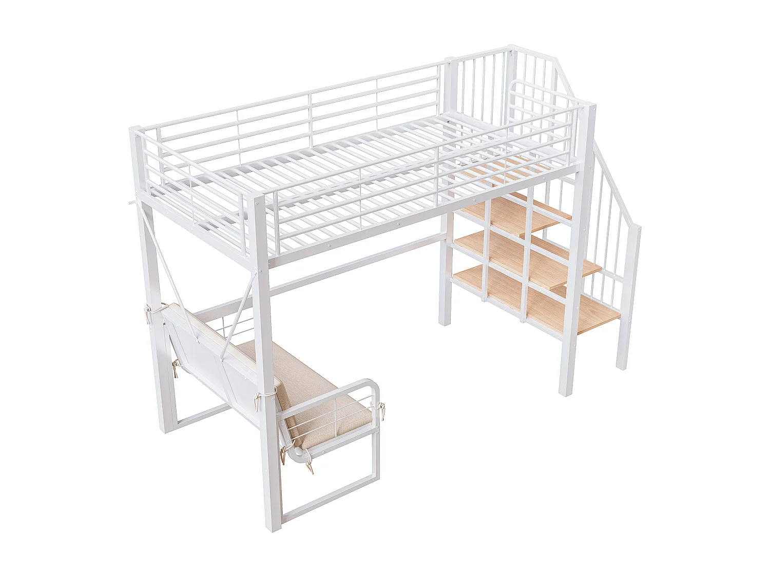 Lit mezzanine enfant 90x200 cm en métal avec canapé et rangement - Blanc