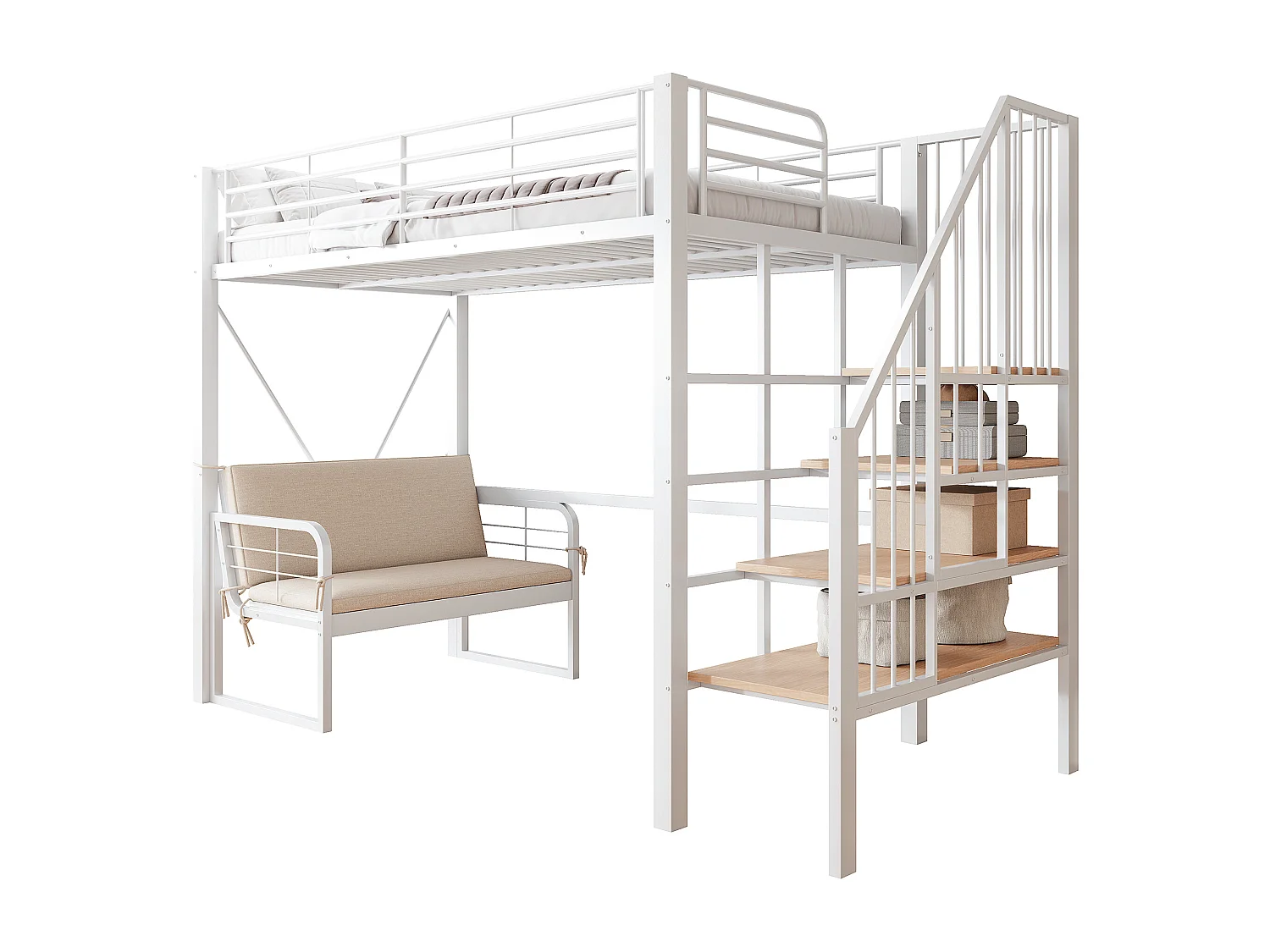 Lit mezzanine enfant 90x200 cm en métal avec canapé et rangement - Blanc