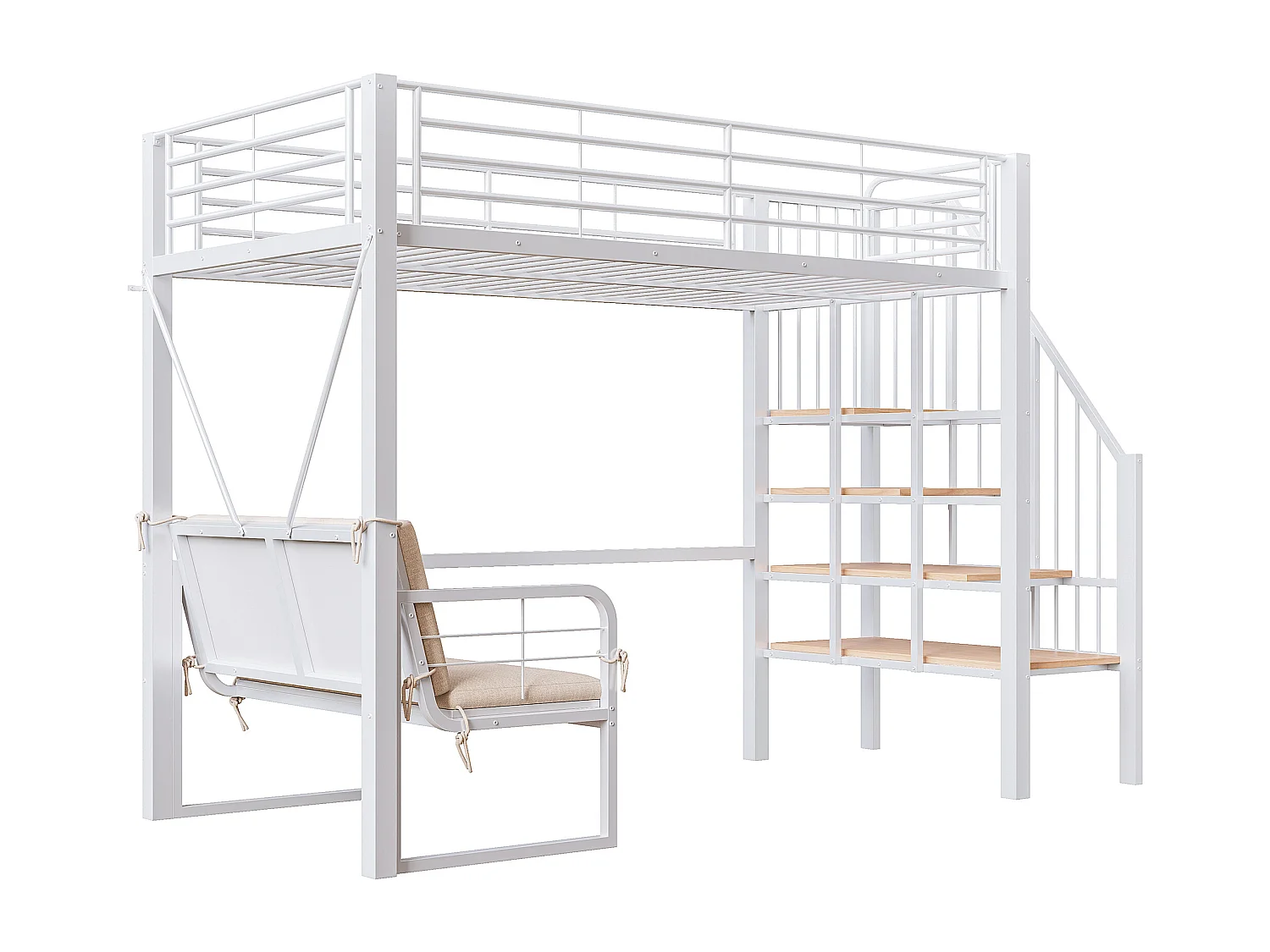 Lit mezzanine enfant 90x200 cm en métal avec canapé et rangement - Blanc