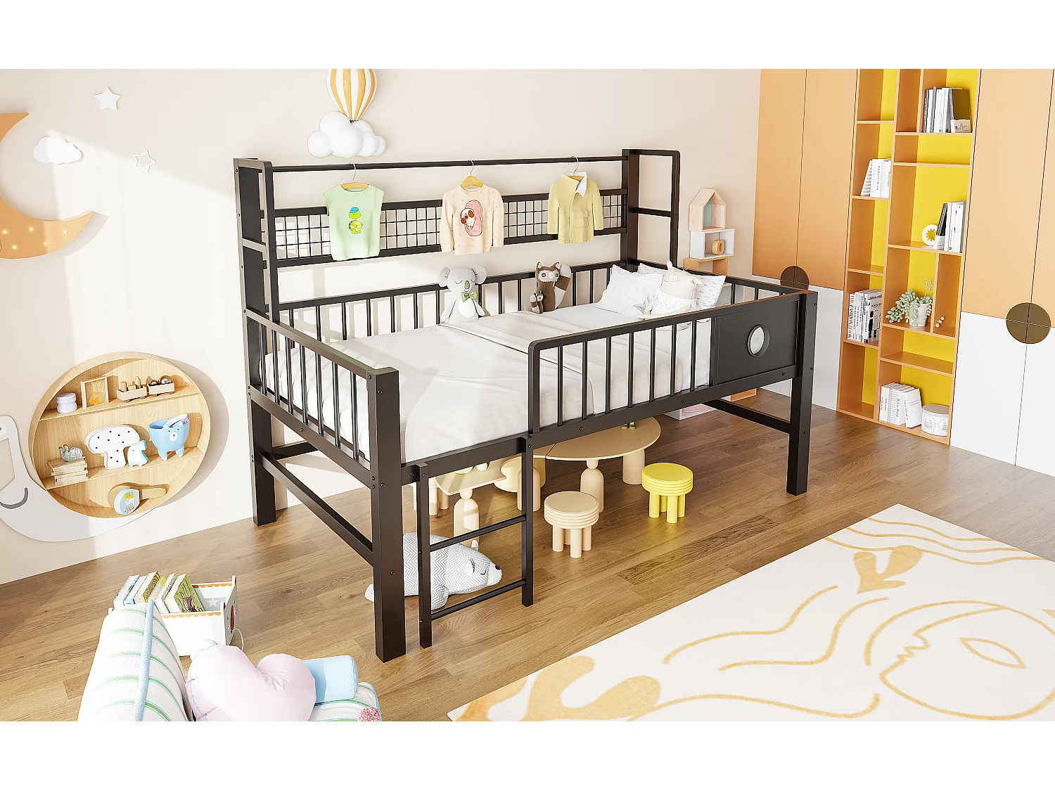 Lit mi-hauteur 90 x 200 cm avec rangement - Structure en métal - Noir