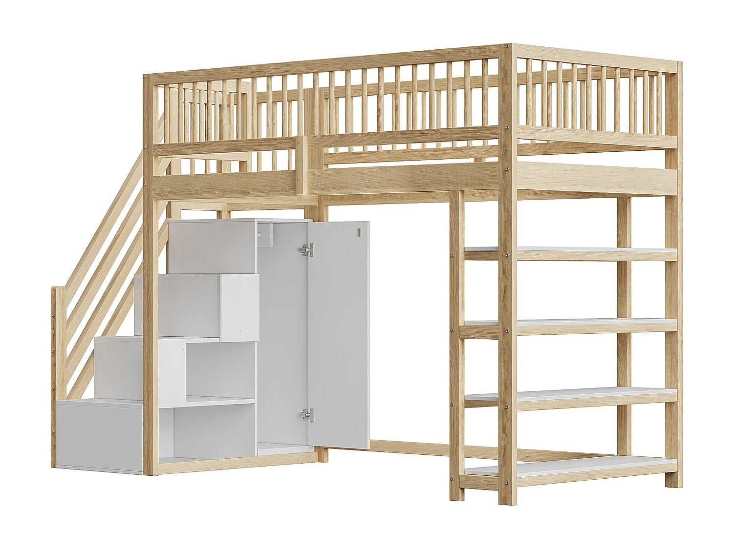 Lit mezzanine 90 x 200 cm avec barrière de sécurité, penderie et étagères - Coloris bois + blanc