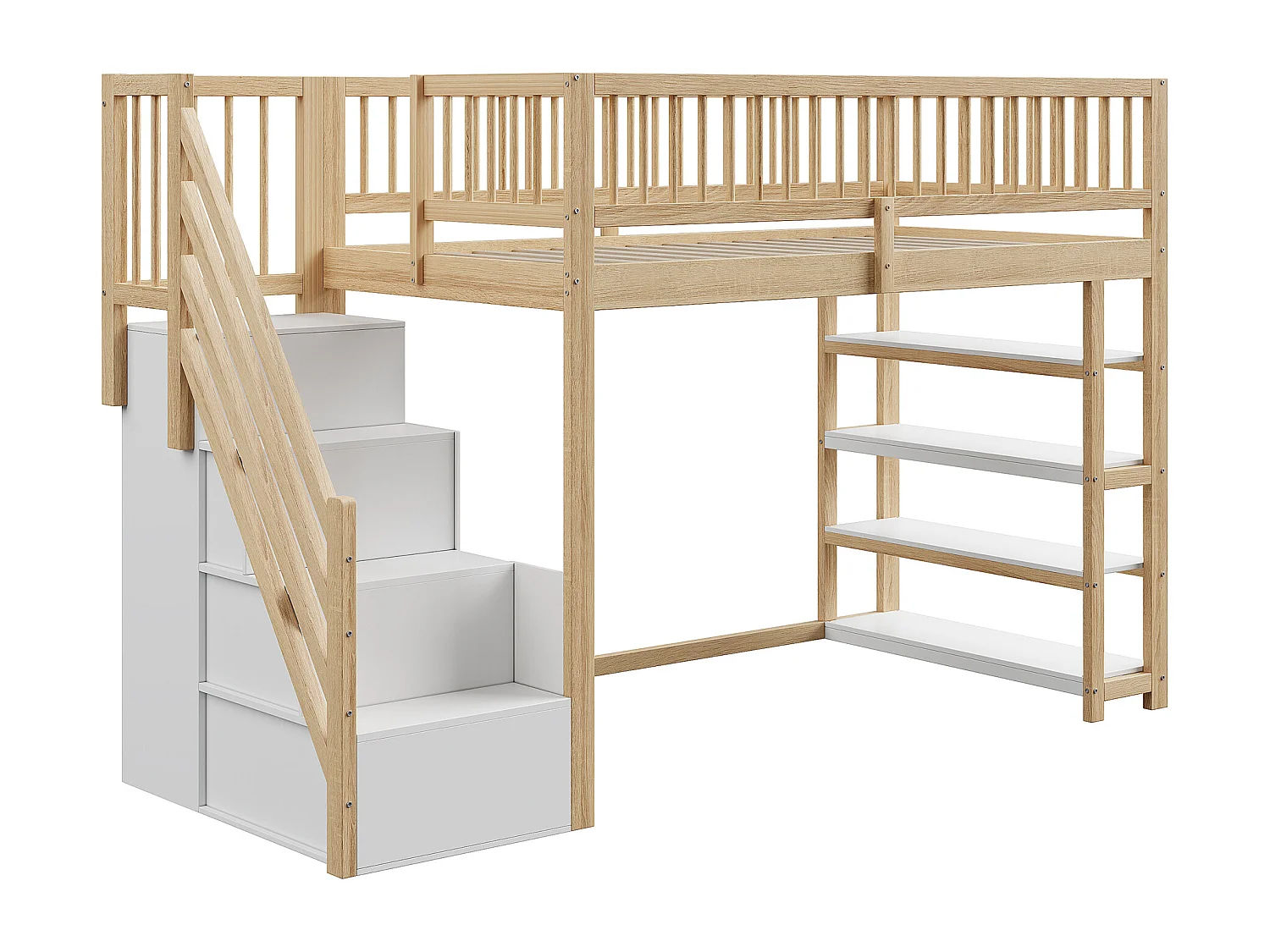 Lit mezzanine 90 x 200 cm avec barrière de sécurité, penderie et étagères - Coloris bois + blanc