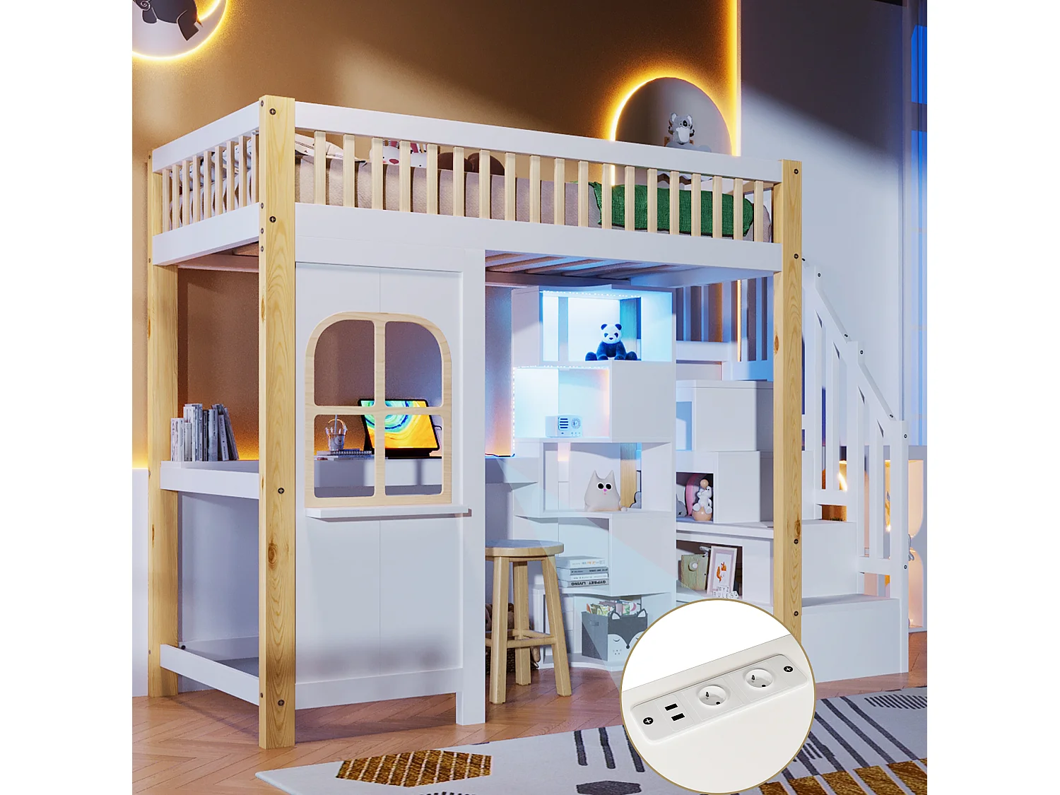 Letto a soppalco 90 x 200 cm con illuminazione a LED, spazio aperto, scrivania e presa elettrica - Colore bianco e naturale