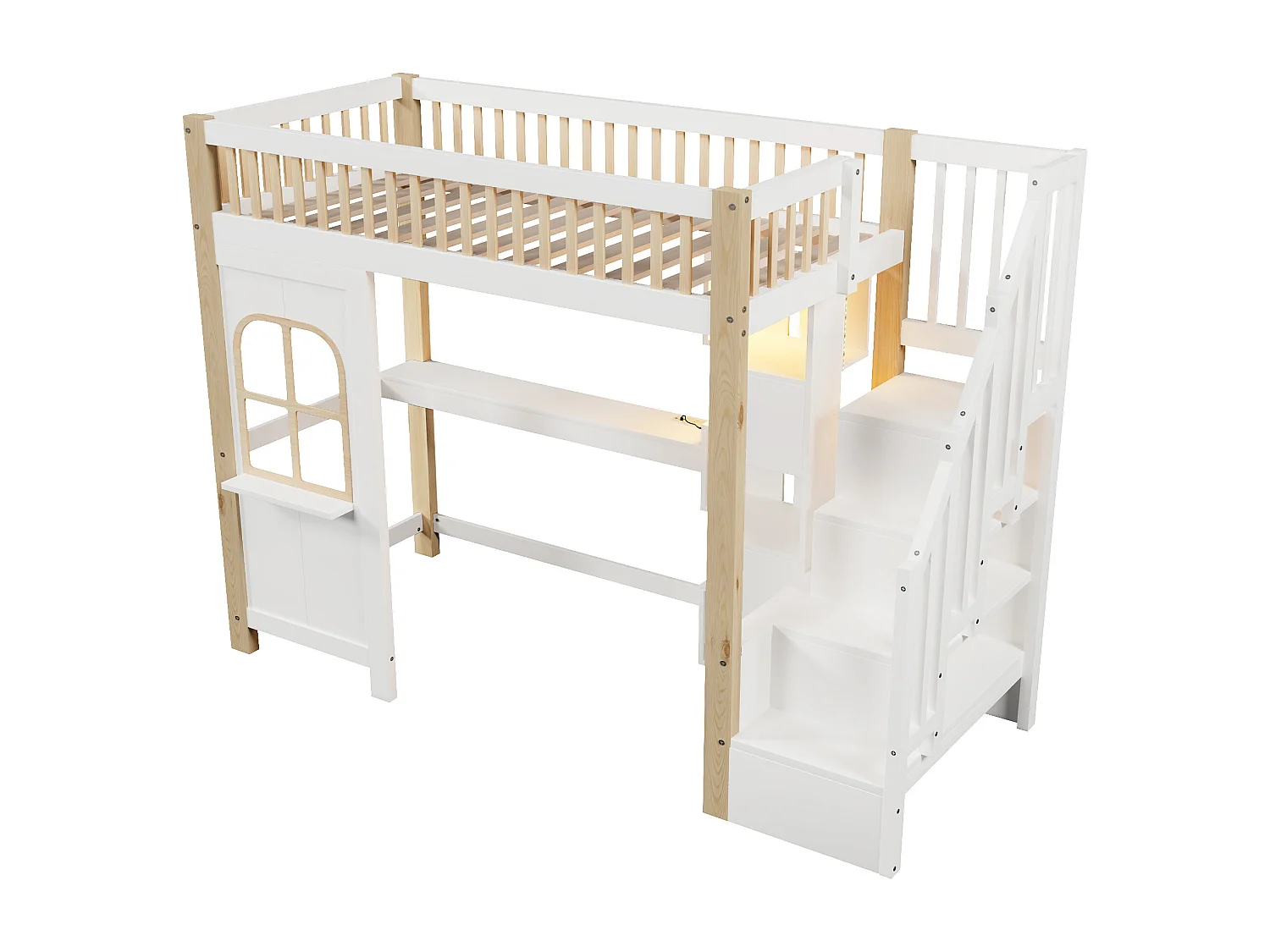 Letto a soppalco 90 x 200 cm con illuminazione a LED, spazio aperto, scrivania e presa elettrica - Colore bianco e naturale