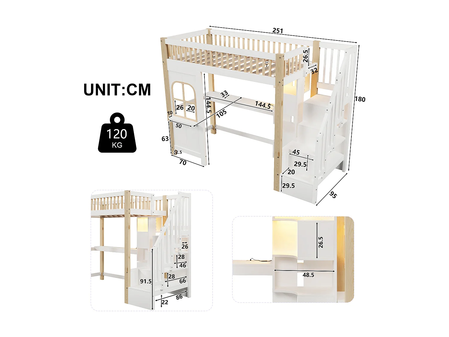 Letto a soppalco 90 x 200 cm con illuminazione a LED, spazio aperto, scrivania e presa elettrica - Colore bianco e naturale