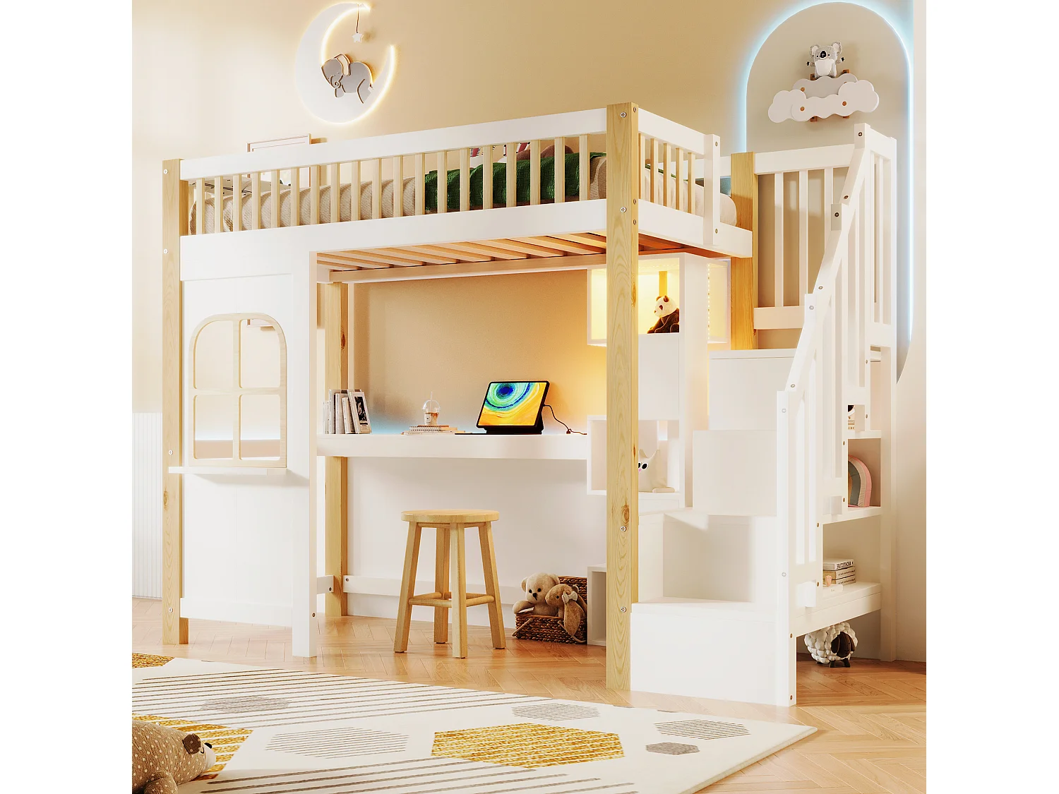 Letto a soppalco 90 x 200 cm con illuminazione a LED, spazio aperto, scrivania e presa elettrica - Colore bianco e naturale