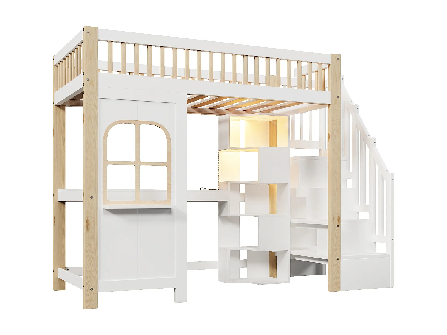 Letto a soppalco 90 x 200 cm con illuminazione a LED, spazio aperto, scrivania e presa elettrica - Colore bianco e naturale