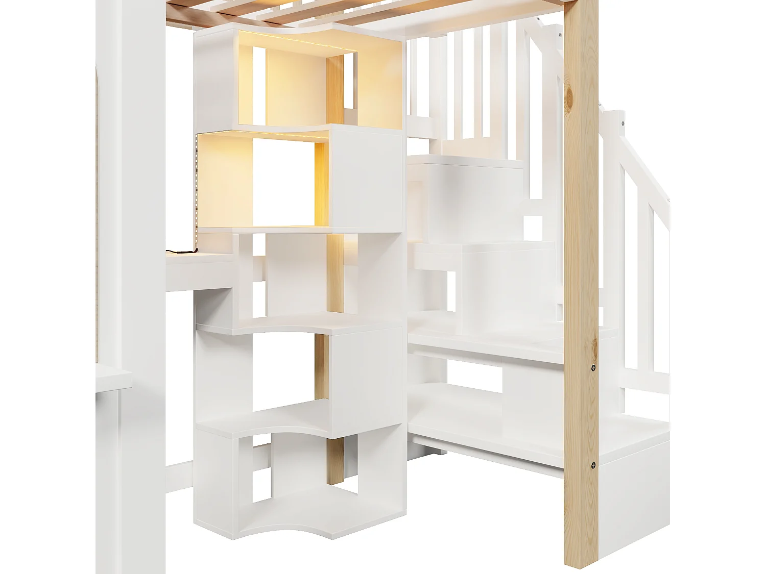 Letto a soppalco 90 x 200 cm con illuminazione a LED, spazio aperto, scrivania e presa elettrica - Colore bianco e naturale