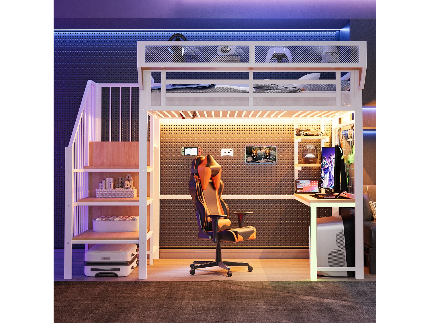 Lit mezzanine en métal 90 × 200 cm avec bureau, étagère et LED et prise électrique - Blanc