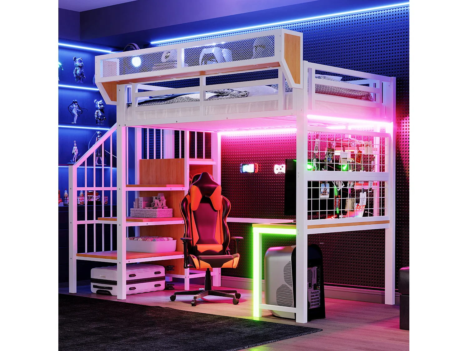 Lit mezzanine en métal 90 × 200 cm avec bureau, étagère et LED et prise électrique - Blanc