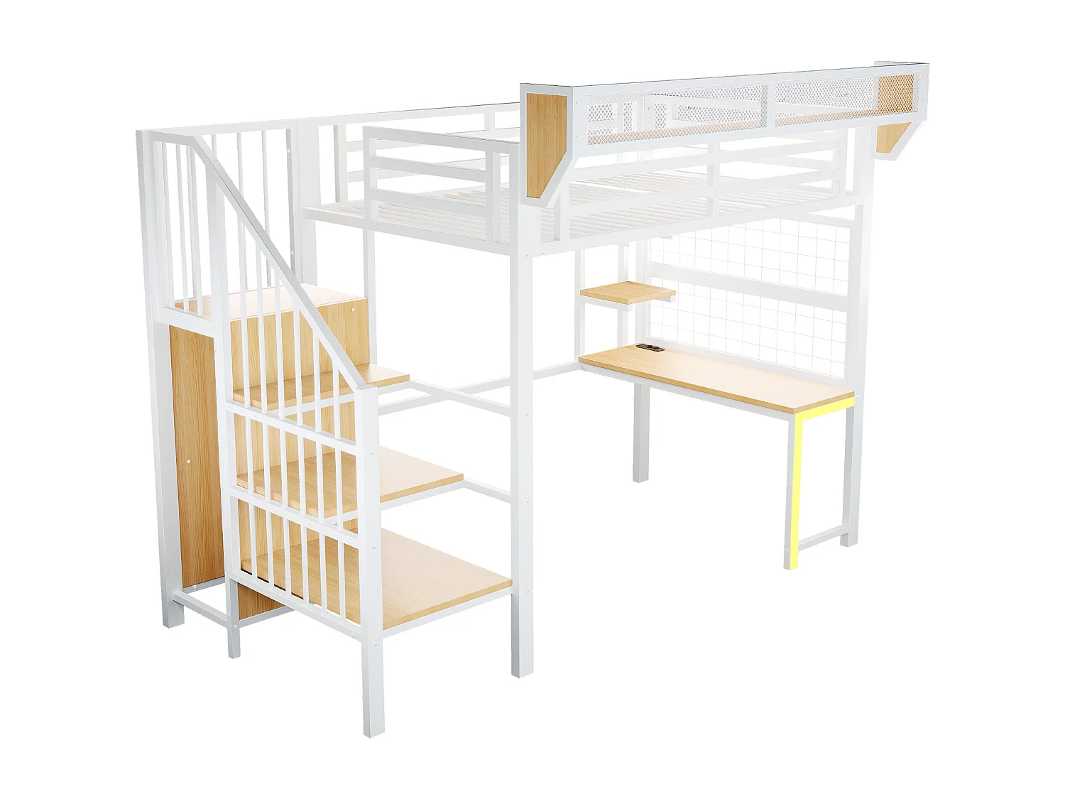 Lit mezzanine en métal 90 × 200 cm avec bureau, étagère et LED et prise électrique - Blanc